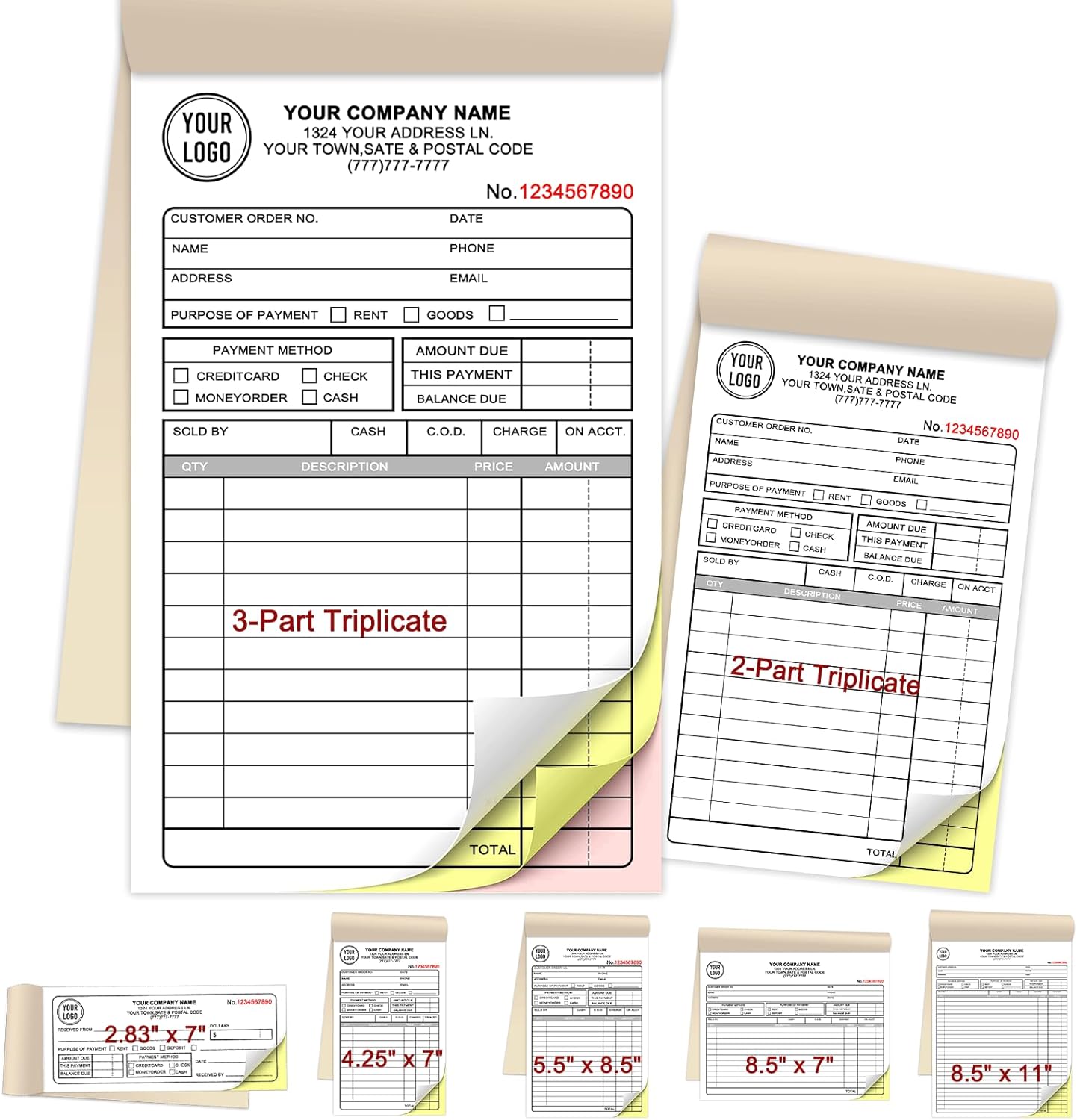 Custom Invoices Receipt Book for Small Business Personalized 3-Part Duplicate Carbonless Logo Receipt Books Sales Payment Forms with Company Name Address Phone Number 100 Sets5.5" x 8.5"