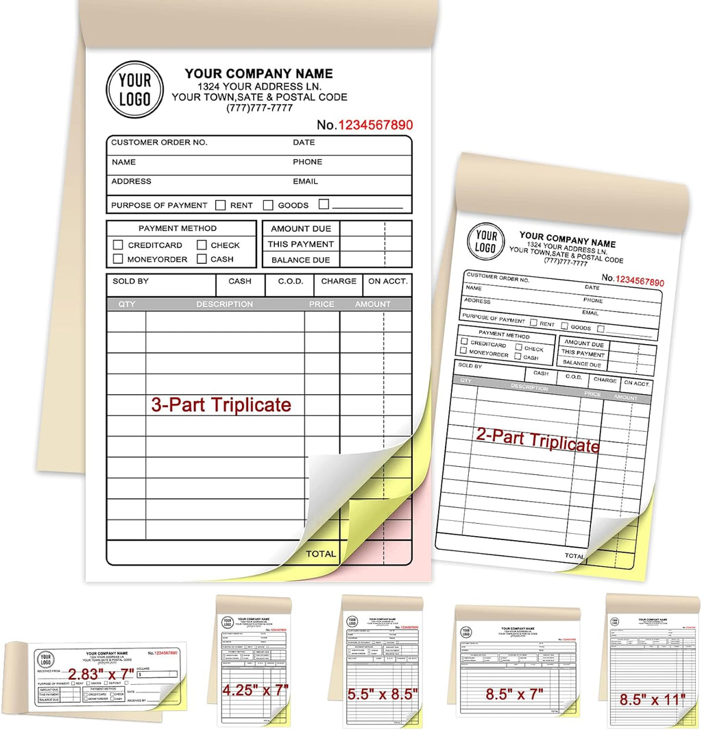 Custom Invoices Receipt Book for Small Business Personalized 3-Part Duplicate Carbonless Logo Receipt Books Sales Payment Forms with Company Name Address Phone Number 100 Sets 4.25" x 7"