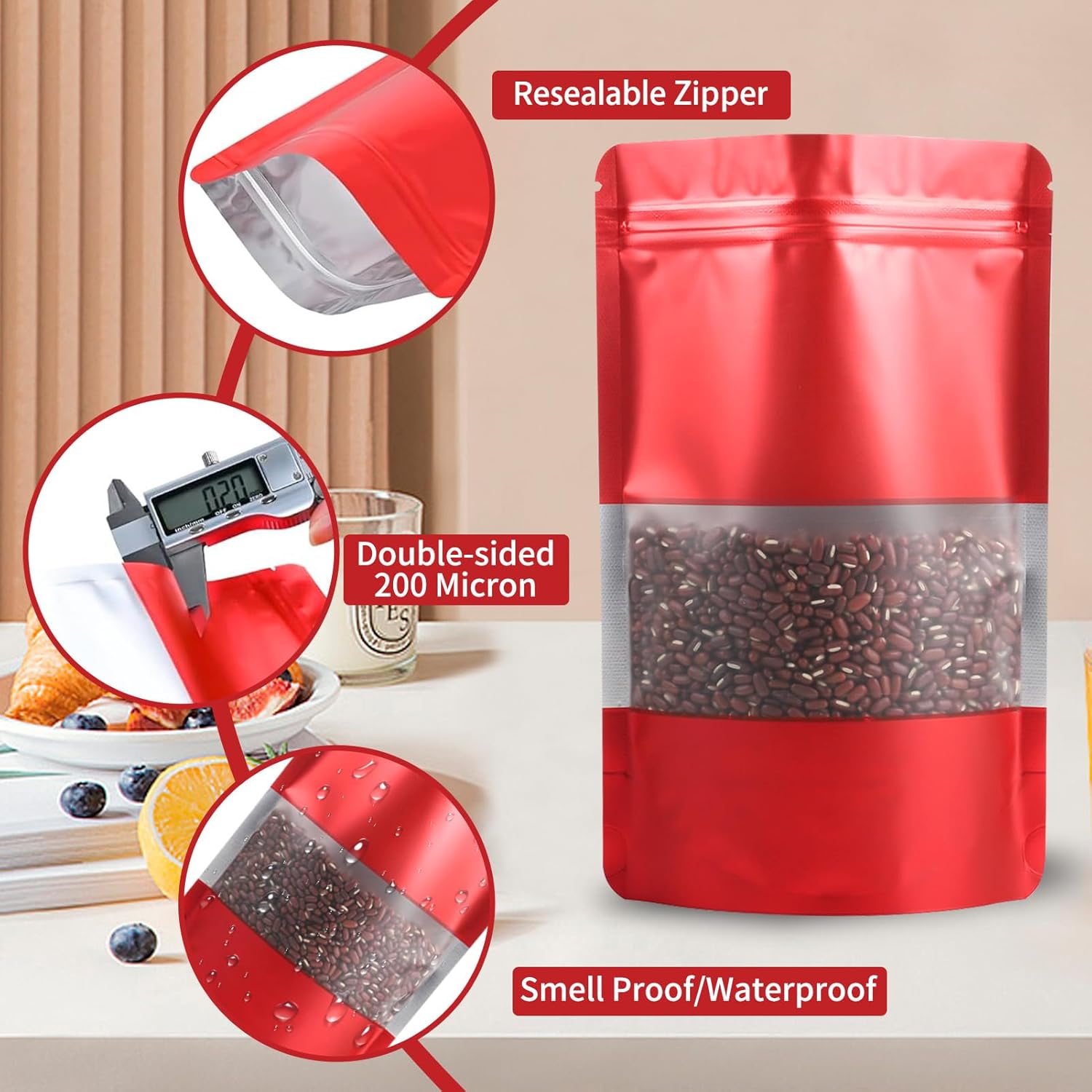 100 Pack Smell Proof Bags, Resealable Red Mylar Bags with Matte Window, Foil Pouch Stand Up Sealable Bags for Packaging, 5.51 × 7.87 Inch