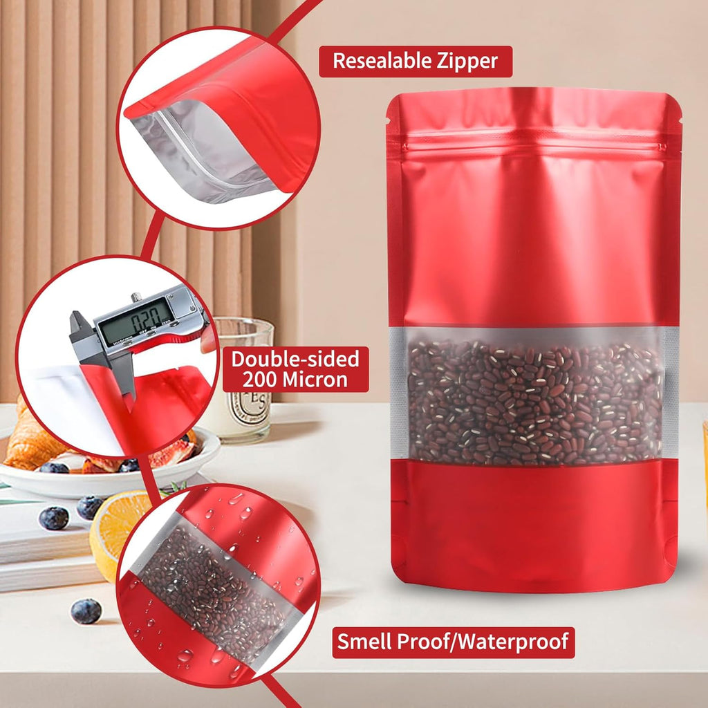 100 Pack Smell Proof Bags, Resealable Red Mylar Bags with Matte Window, Foil Pouch Stand Up Sealable Bags for Packaging, 3.93 × 5.9 Inch