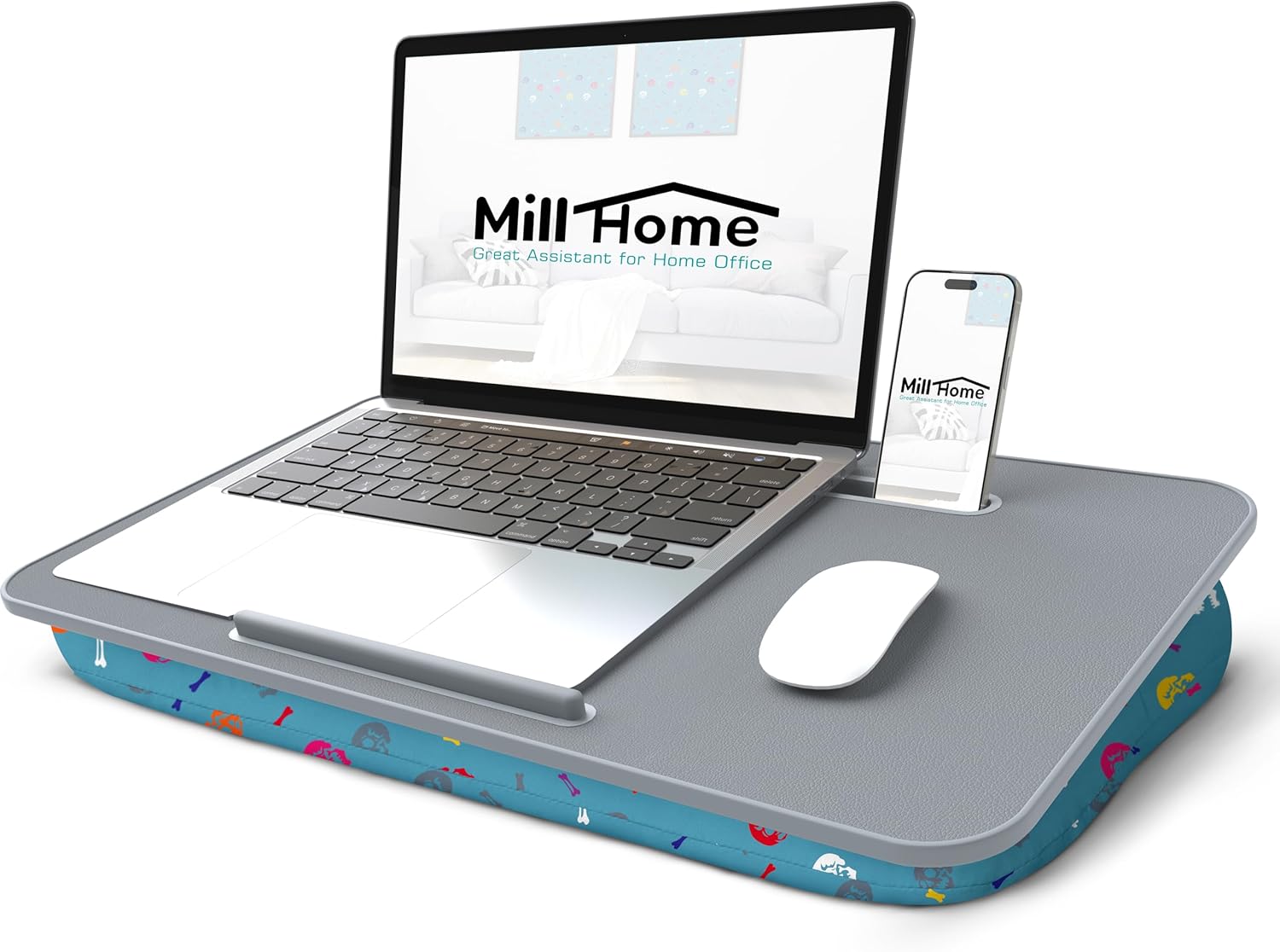 Millhome Lap Desk | Portable Laptop Desk – Fits Up to 17.3" Laptops – Detachable & Washable Cushion, Phone Holder, Device Ledge – for Writing, Working, Reading on Bed, Couch, Floor – Maui Blue Skull