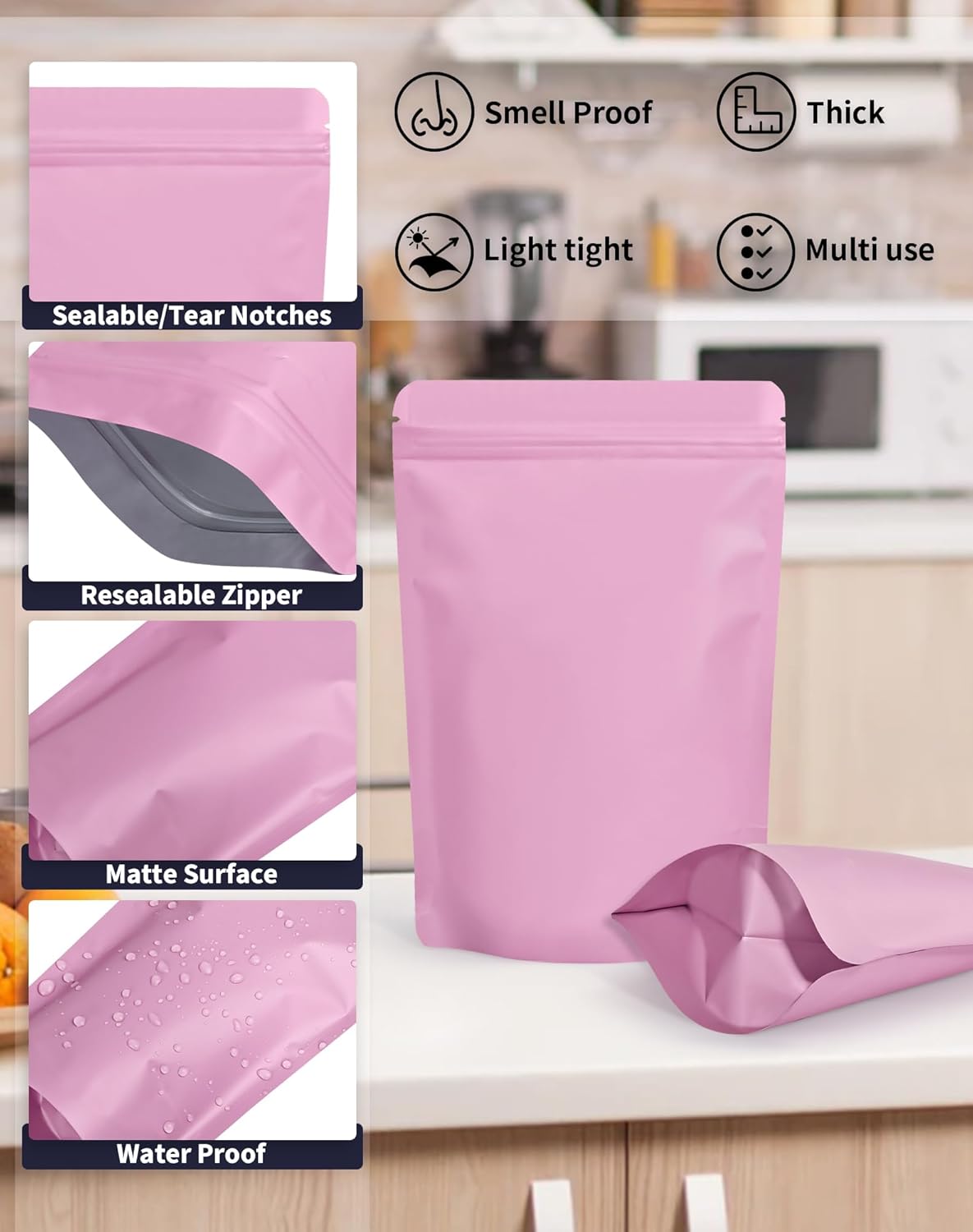 100 Pack Resealable Stand Up Bags,Smell Proof Pouch Sealable Foil Pouch Bags for Packaging (Pink, 4" x 6")
