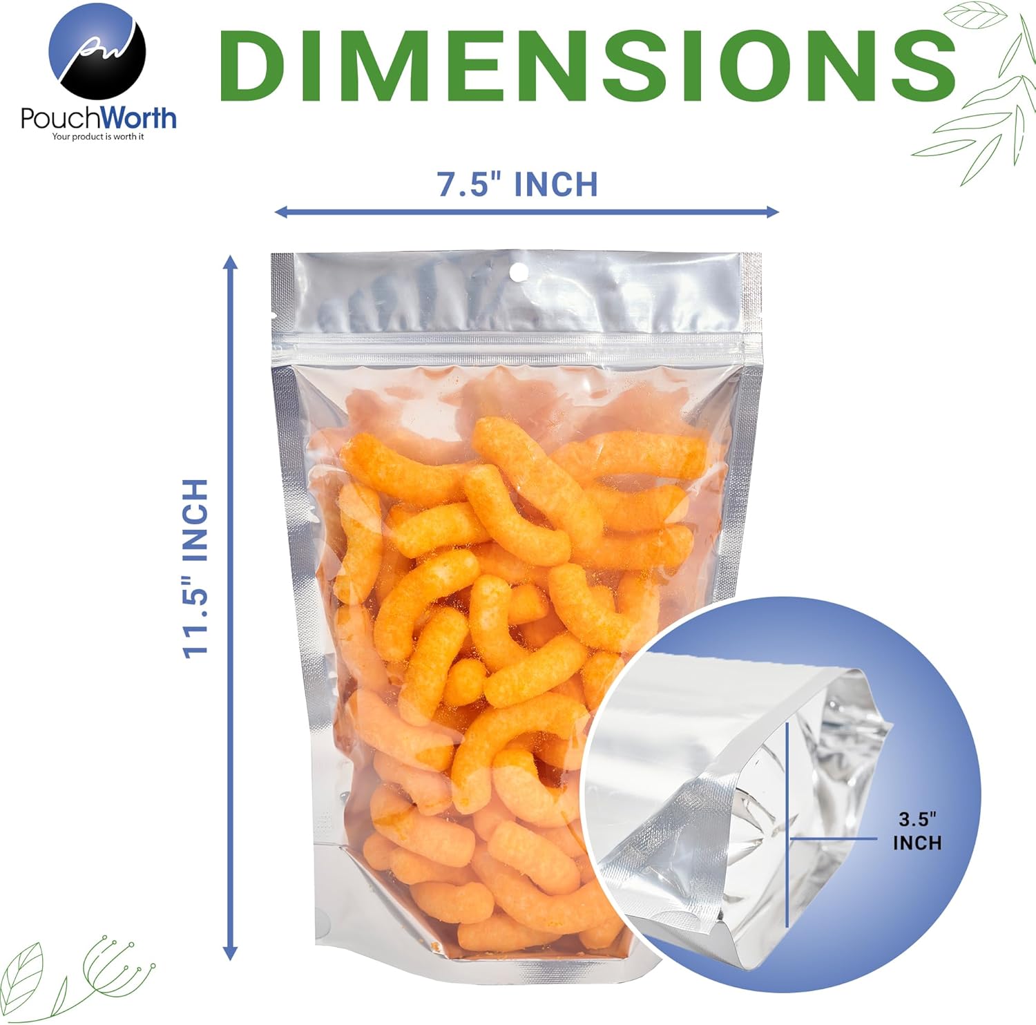 100 Pack 7.5" x 11.5" Clear/Silver Resealable Stand Up Pouch Bags Mylar Food Packaging with Clear Window and Tear Notches