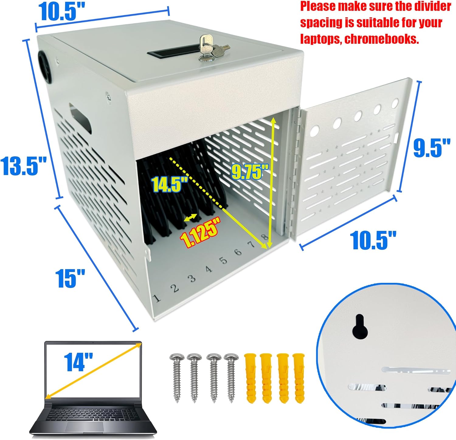 8-Device Tablet Charging Station, Lockable Steel Case Fits 14" Chromebooks, iPads, Laptops & Tablets, Secure Storage with 2 Keys, Ideal for Classrooms, Offices & Hospitals, White