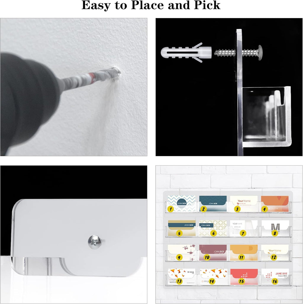 TURSTIN Business Card Holder Wall Mount Clear Sticker Display Marketing Holder Acrylic Business Card Stand Multi Pocket Rack Organizer Space Saver for Home Office (16 Pockets)