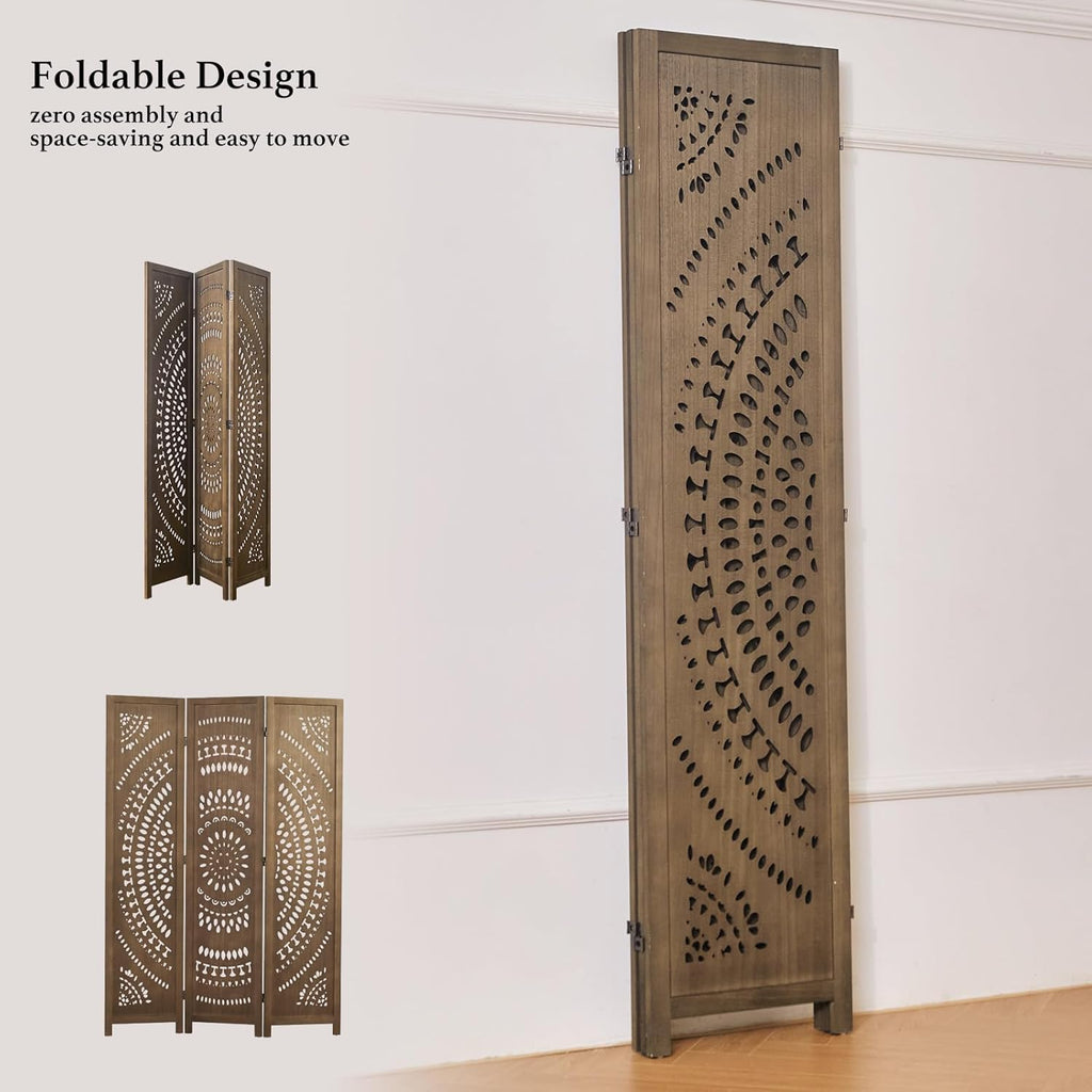 66.9Inch Folding Room Divider, 3 Panels Wood Carved Privacy Screens, Free Assembled Freestanding Partition for Home Office Restaurant Bedroom (Brown)
