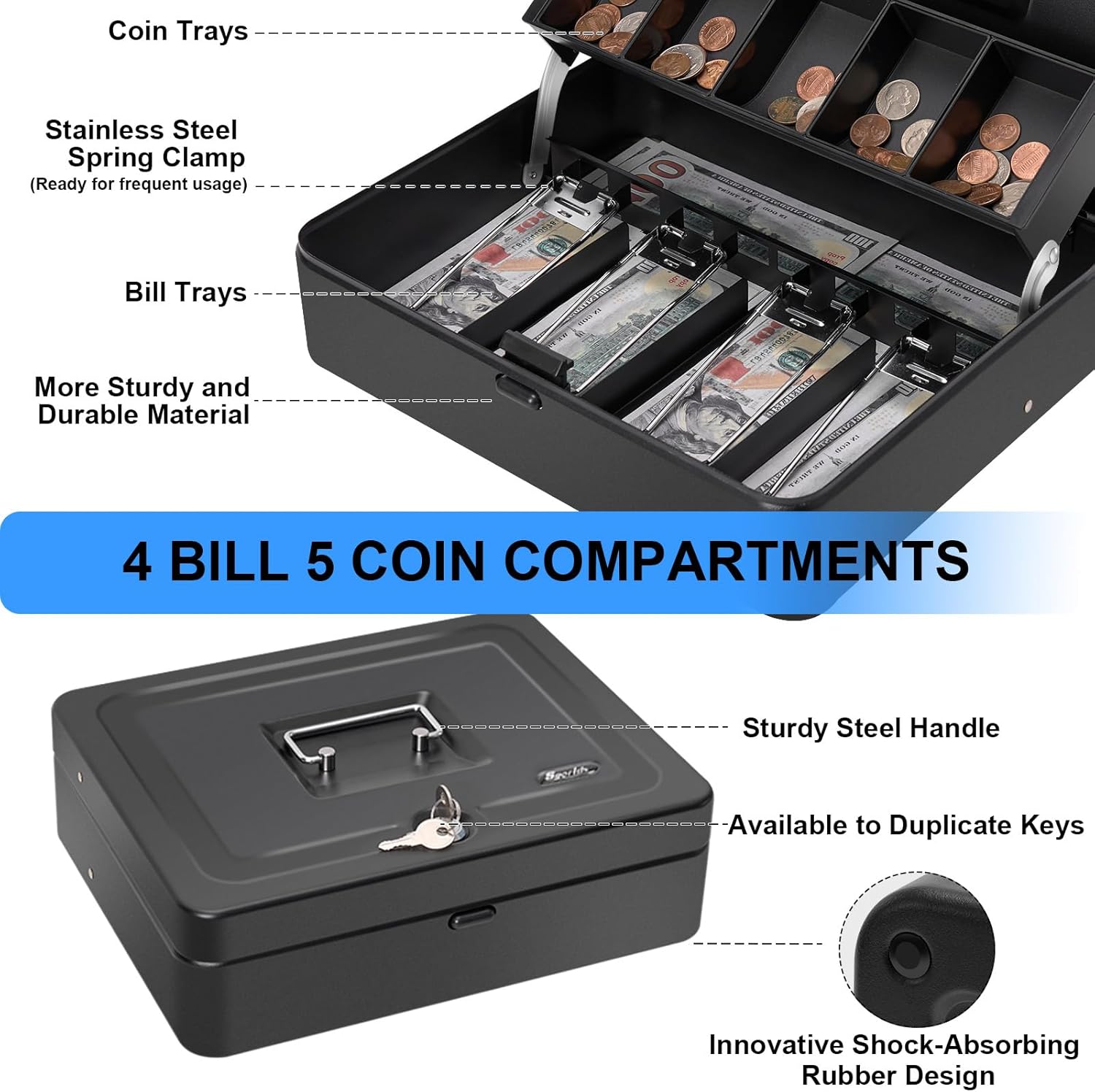 Cash Box Key Lock on Top, 11.8L x 9.5W x 3.5H Inches, Black Metal Money Box with Tray,Tiered Locking Cash Boxes,Durable Lock Safe Box with Key,4 Bill / 5 Coin Slots,Large