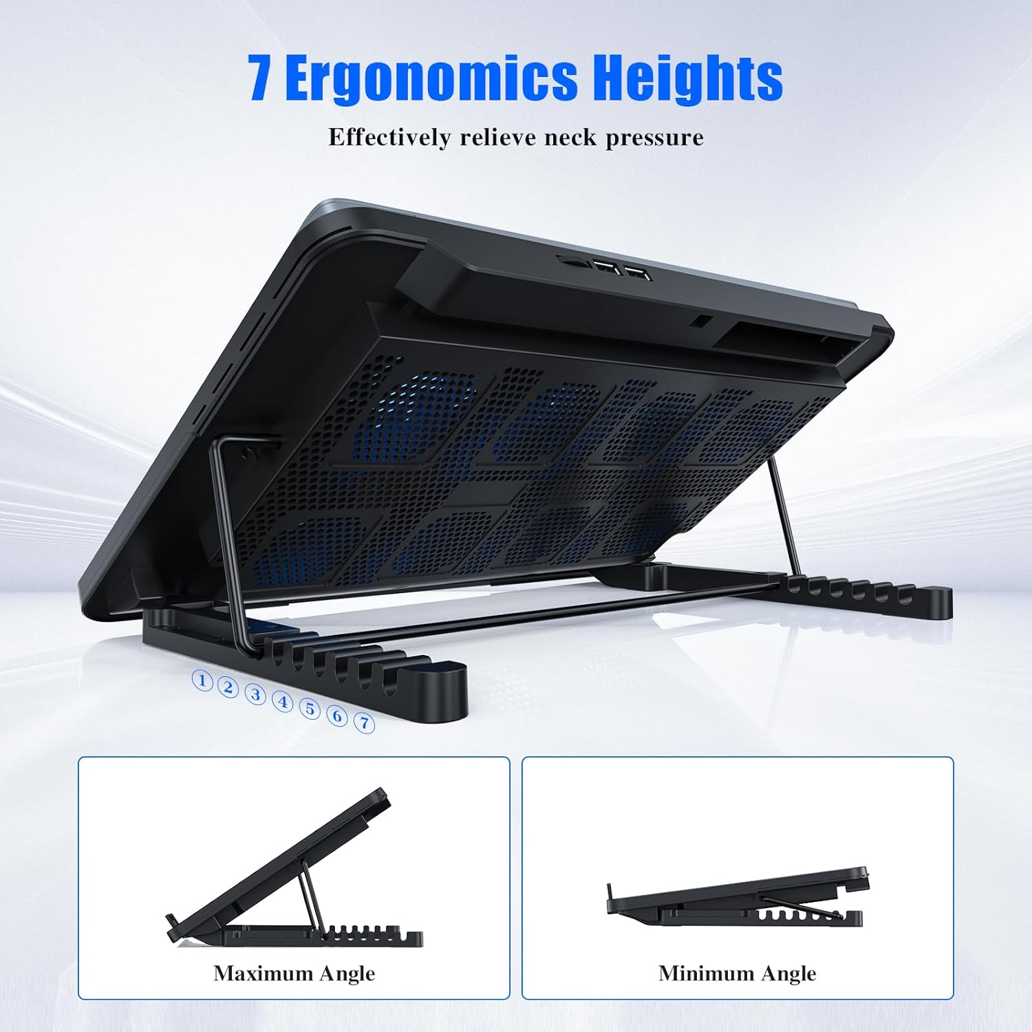 LIANGSTAR Laptop Cooling Pad, Laptop Cooler with 8 Quiet Fans for 12-17 Inch Gaming Laptop Fan Cooling Pad Stable Stand 7 Height & Wind Speed Adjustable, 2 USB Port & Phone Holder