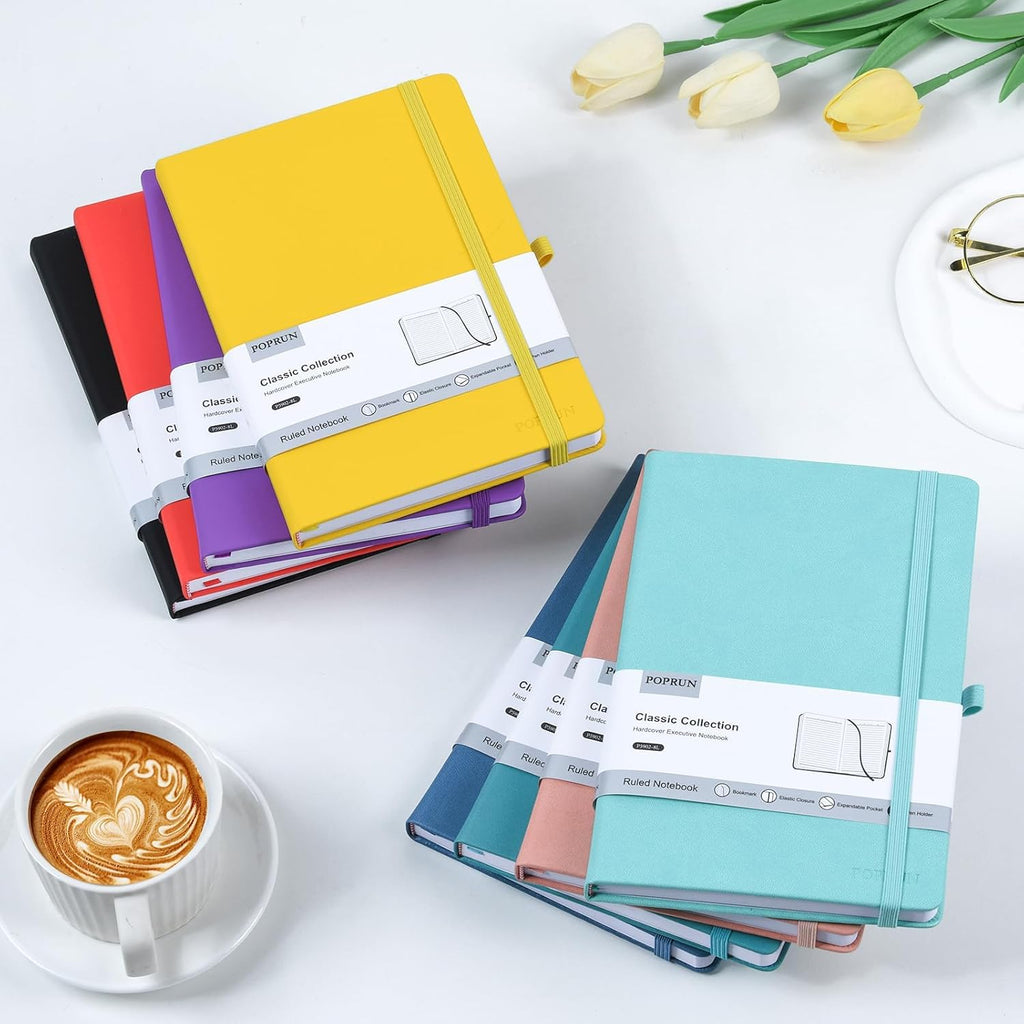 POPRUN A5 Lined Journal Notebooks, Leather Hardcover Thick Notebook for Writing, Business Work, Travel, School, College, Christmas, 5.5 x 8.3 inch, 240 Pages Classic Ruled Journals Notepad, Yellow