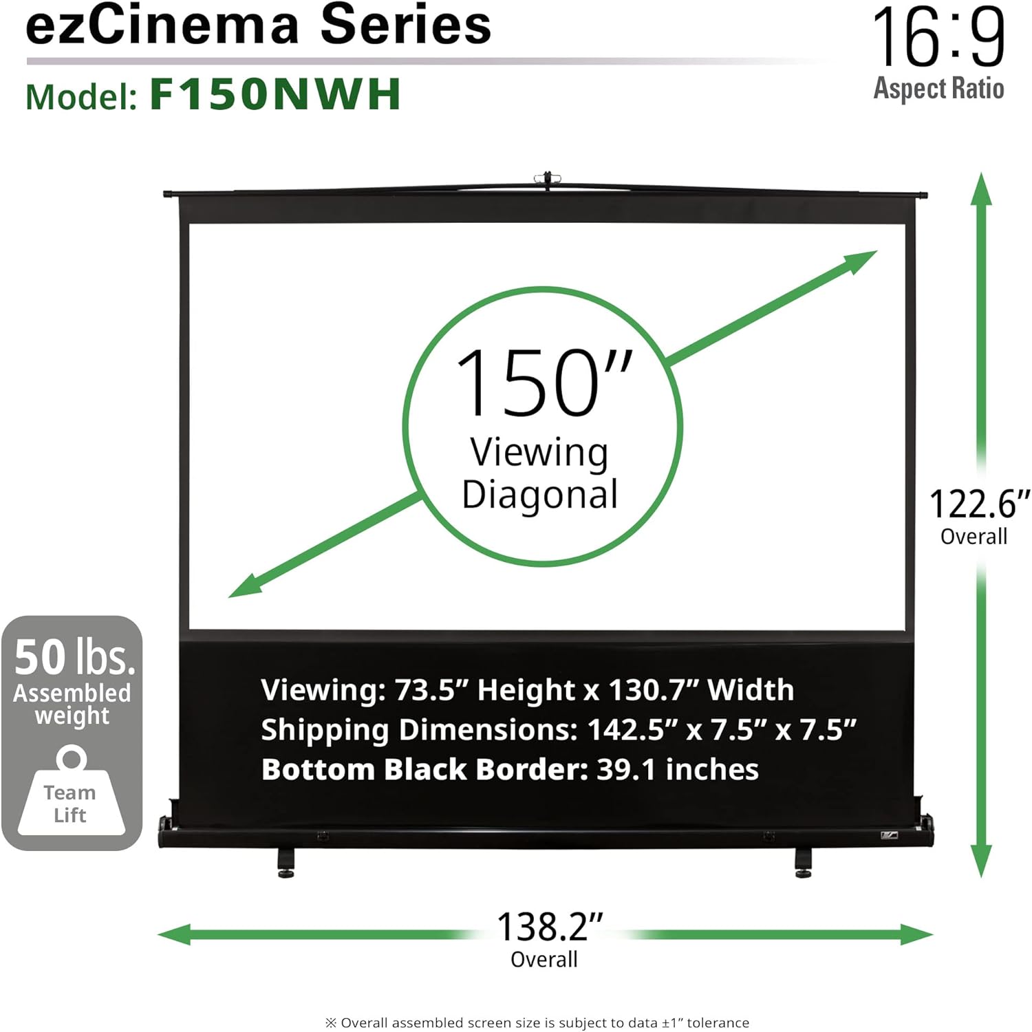 Elite Screens ezCinema Series, 150-INCH 16:9, Manual Pull Up Projector Screen, Movie Home Theater 8K / 4K Ultra HD 3D Ready, 2-YEAR WARRANTY, F150NWH