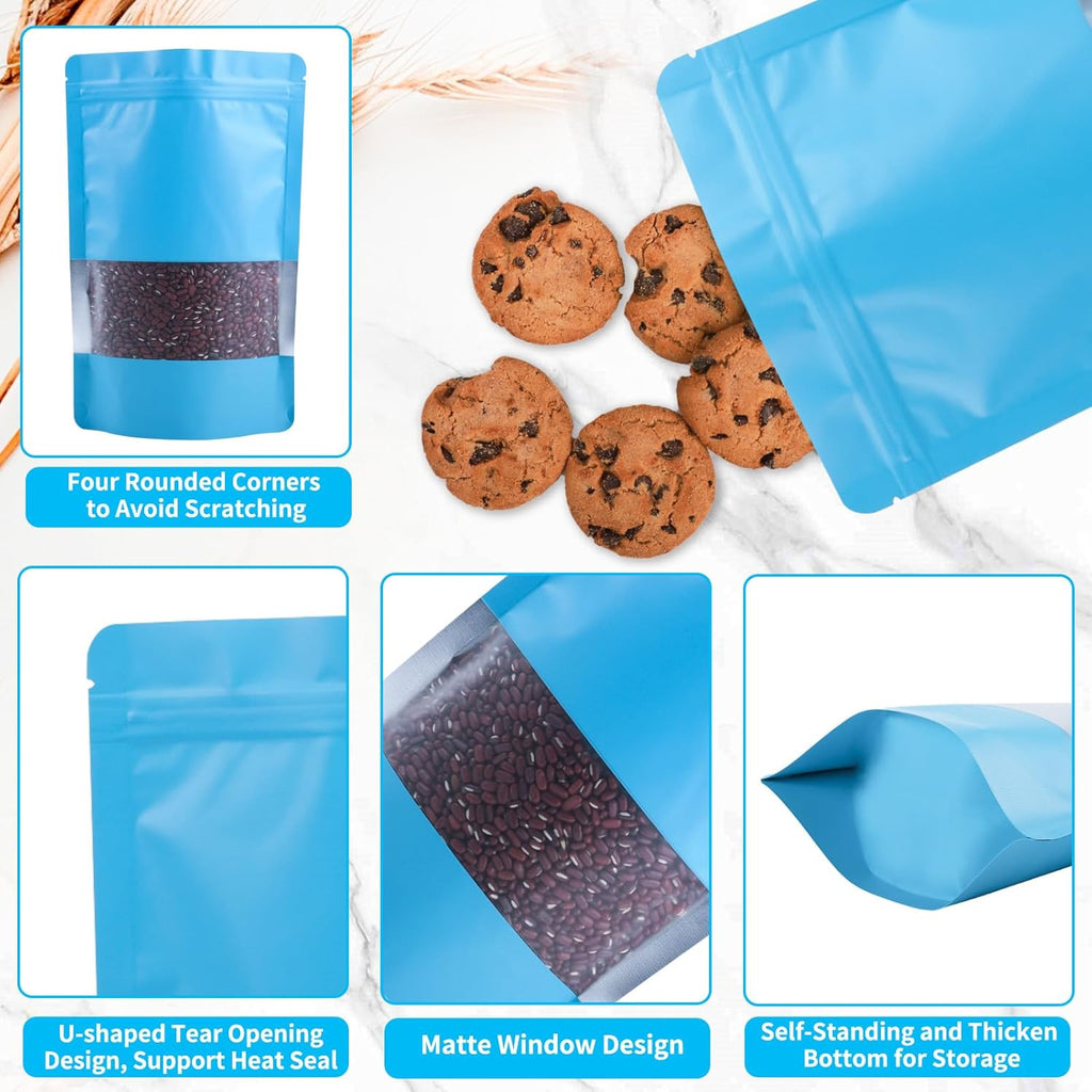 100 Pack Smell Proof Bags, Resealable Blue Mylar Bags with Matte Window, Foil Pouch Stand Up Sealable Bags for Packaging, 7.08×10.23 Inch