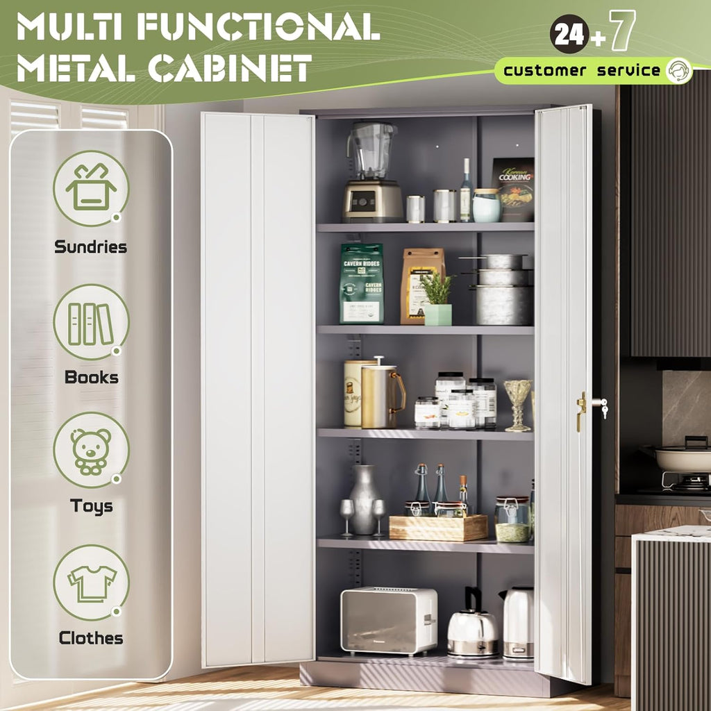 SUNCROWN 72" Metal Storage Cabinet - Heavy-Duty Metal Garage Cabinet with 4 Adjustable Shelves & 2 Doors for Tools, Office, Home, Workshop,Grey & White-Small