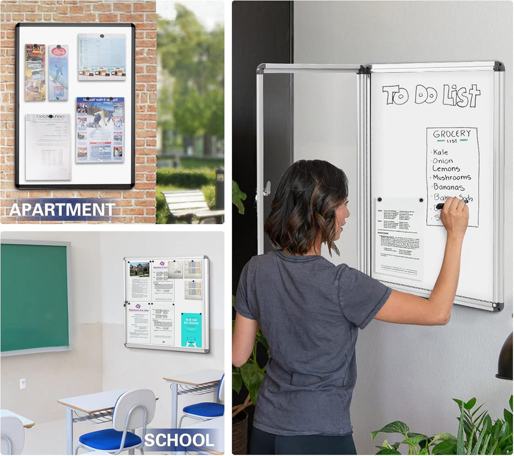 SWANCROWN Locking Bulletin Boards Enclosed Noticeboard White Glass Message Boards Indoor for School Office 38x28inch(9xA4)