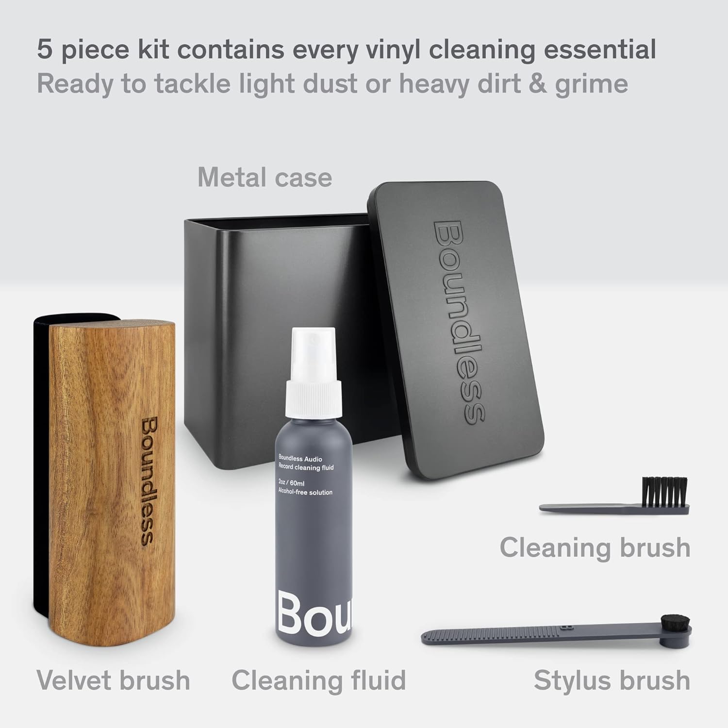 Vinyl Record Cleaning Kit - 5-in-1 Vinyl Cleaner Kit Includes Record Brush, Stylus Cleaner, Cleaning Solution, Nylon Brush & Metal Case
