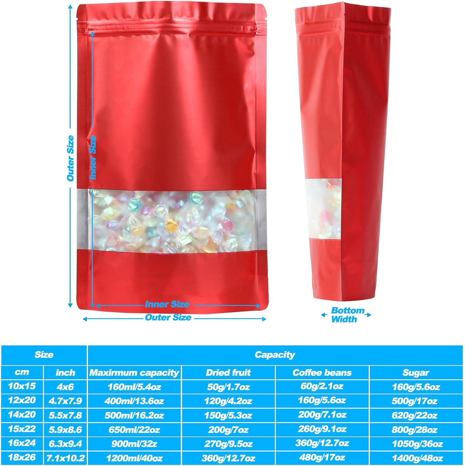 100 Pack Smell Proof Bags, Resealable Mylar Bags with Matte Window, Foil Pouch Stand-up Bags for Food Self Sealing Storage, Scratch Resistant Hand Storage Bags.(Red, 7×10 Inch)