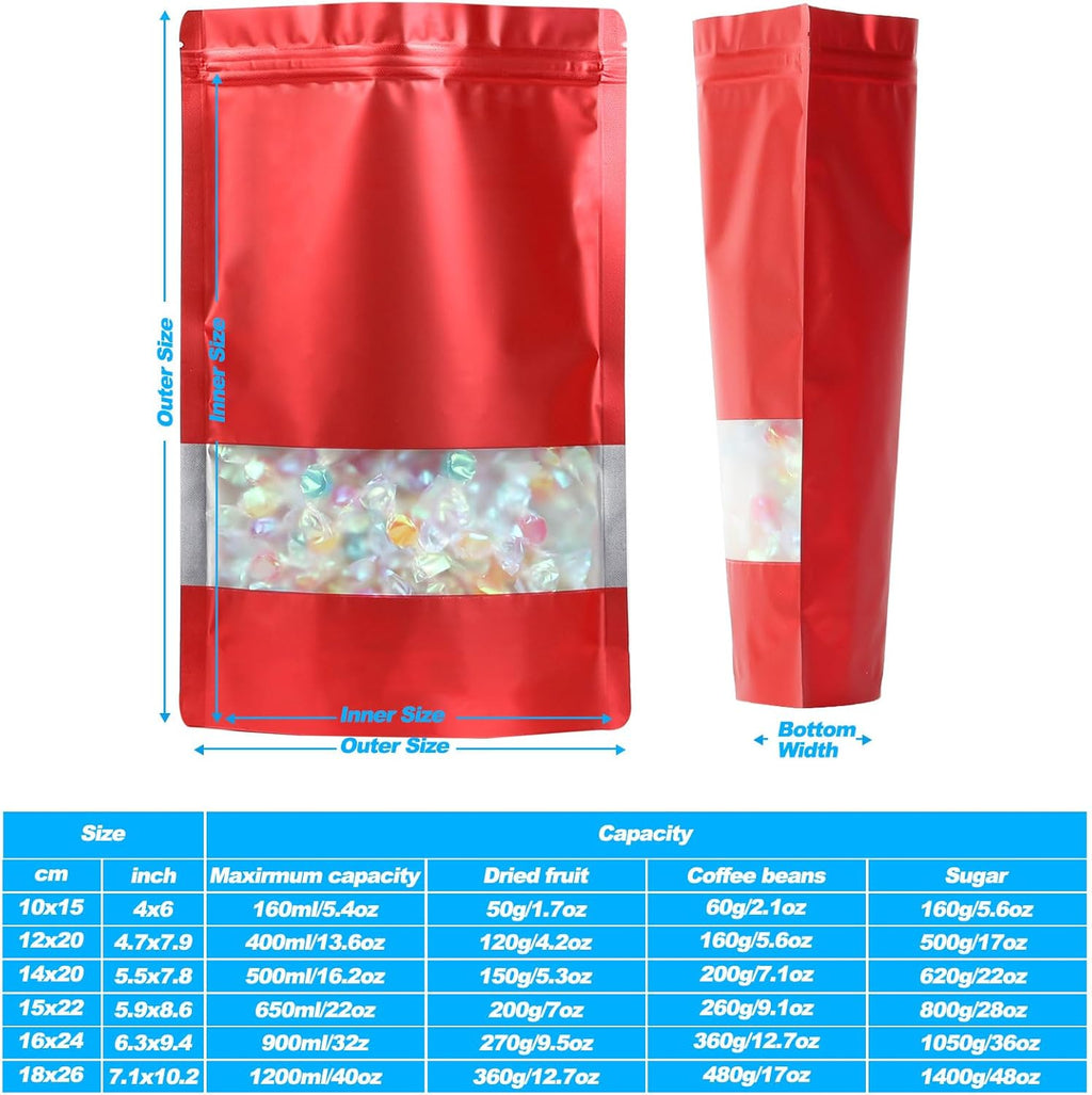 100 Pack Smell Proof Bags, Resealable Mylar Bags with Matte Window, Foil Pouch Stand-up Bags for Food Self Sealing Storage, Scratch Resistant Hand Storage Bags.(Red, 4.7×7.9 Inch)
