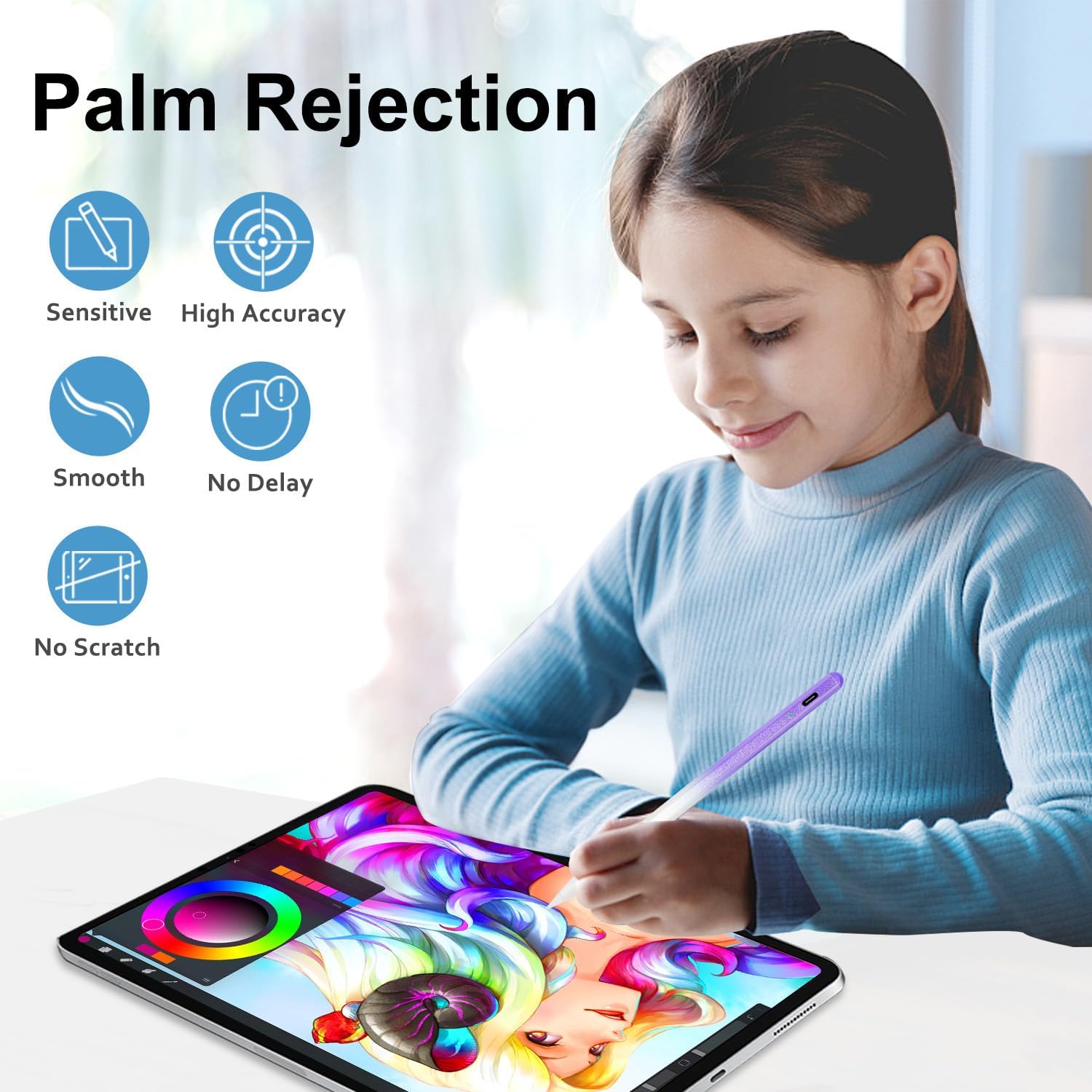 Stylus Pen for iPad Apple: Fast Charge for iPad Pencil Apple Pen with Palm Rejection Tilt Sensitivity - Pen for iPad 10/9/8/7/6, iPad Pro 12.9"/11"/13" M4, iPad Mini 6/5, iPad Air 5/4/3/M2 Purple