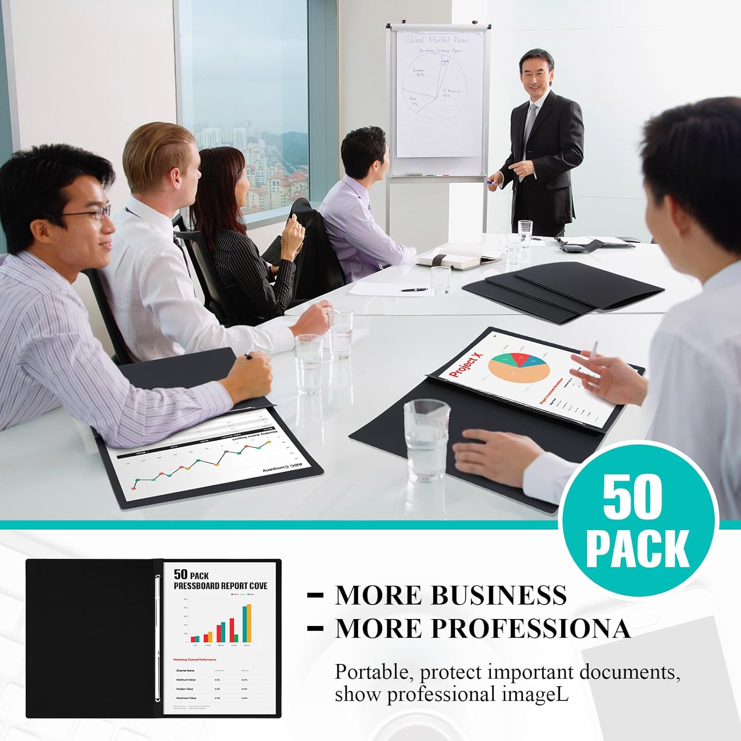 50 Pcs 8.5'' x 11'' Pressboard Report Cover, 3'' Capacity Metal Prong Fastener with Compressor, Letter Size, Presentation Folder to Neatly Bind Report, Proposal Document (Black)