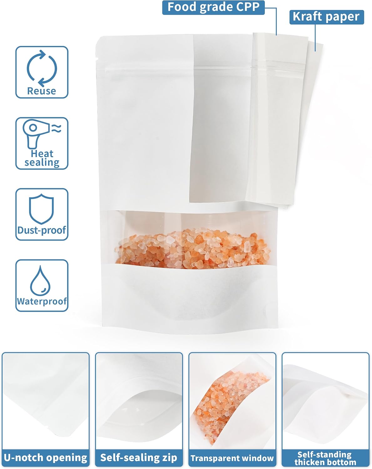 FireKylin 100 Pcs White Paper Bags with Window, 5.5" x 7.9" Stand Up Pouches, Zipper Food Storage Bags for Packaging Products, Reusable, Sealable