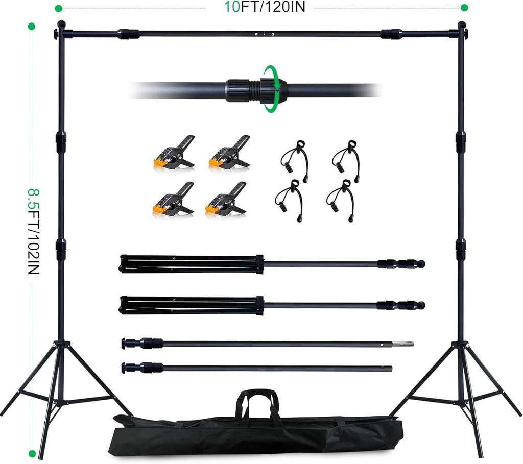 2-in-1 Green Backdrop Stand Kit - 8.5x12 ft Green Backdrop with 10x8.5ft Portable Photography Stand for Video Streaming,Zoom Meetings,Parties,Anti-Wrinkle Polyester Fabric
