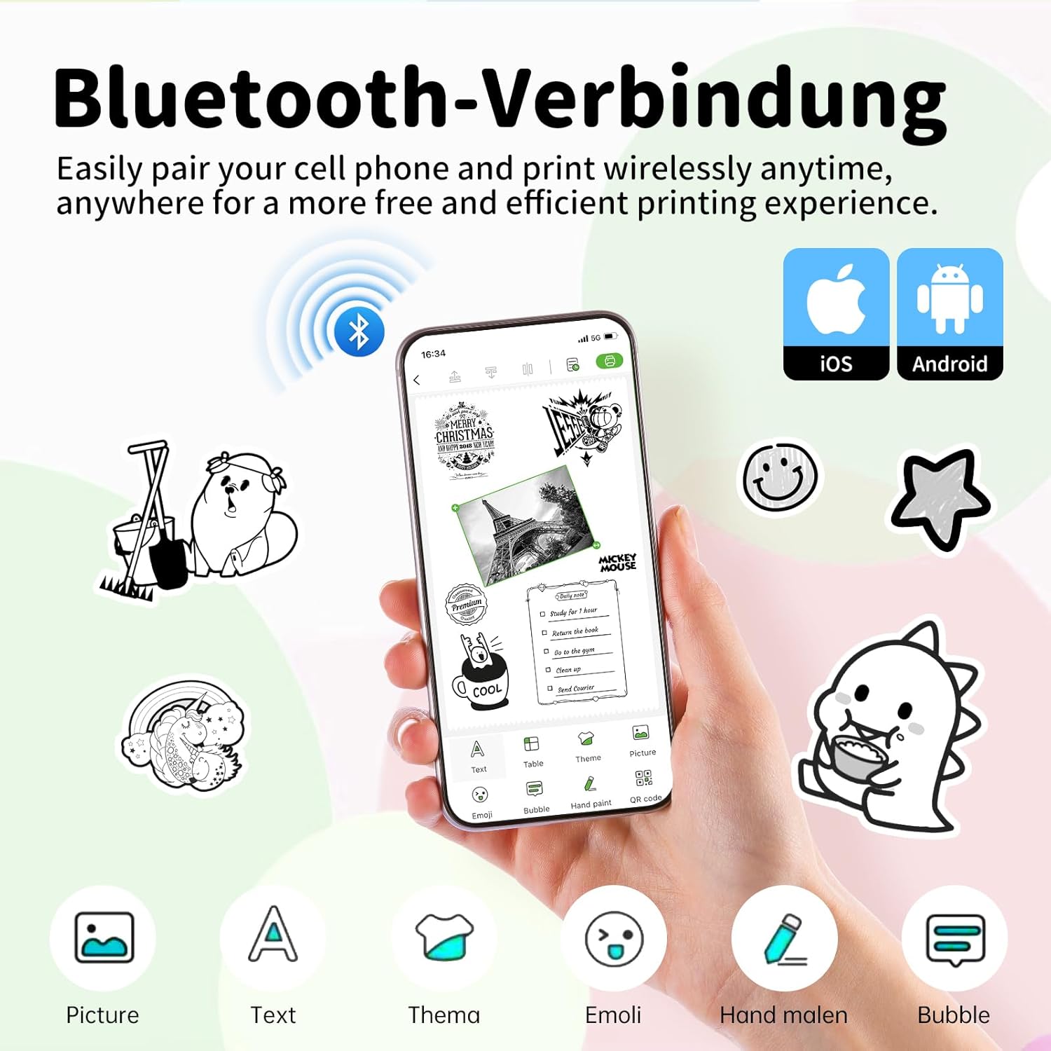 iDPRT Sticker Printer, Portable Thermal Printers Bluetooth Inkless Printer with 1 Roll Sticker Paper, Sticker Maker for Home Office School, Compatible with Android & iOS Phones, Blue