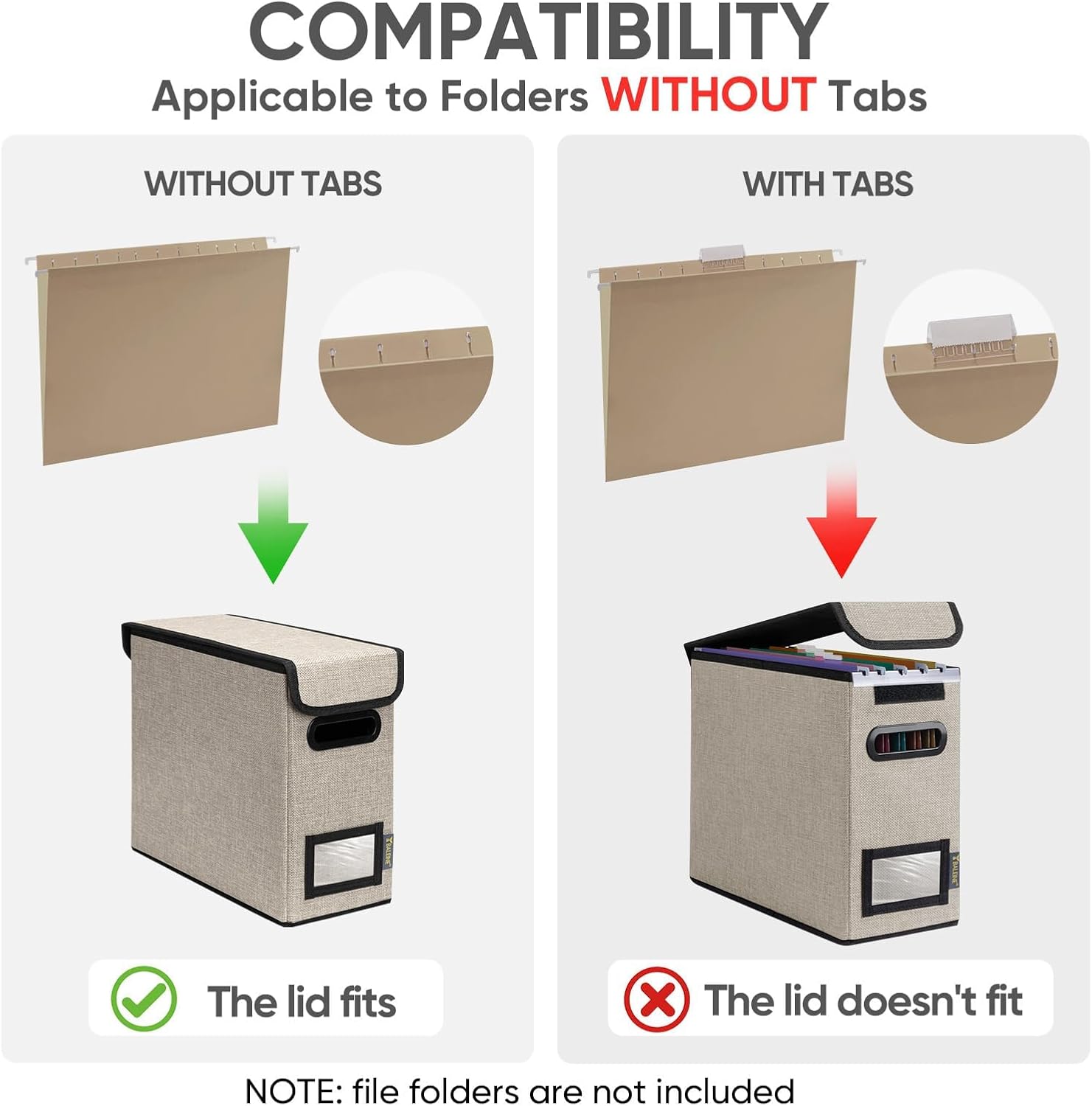 BALEINE File Organizer Box with Lid, Collapsible File Folder Organizer with Plastic Slide, Hanging File Folder Box for Office Document Storage (2 Pack, Beige, S)