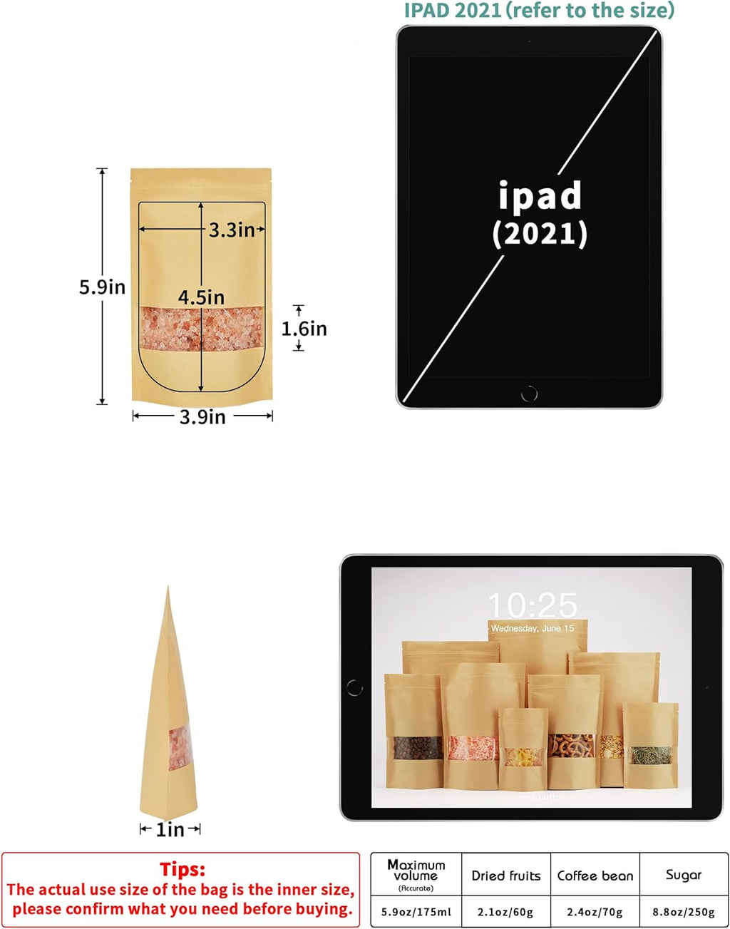 FireKylin 100 Pcs Brown Paper Bags with Window, 3.9" x 5.9" Stand Up Pouches, Zipper Food Storage Bags for Packaging Products, Reusable, Sealable