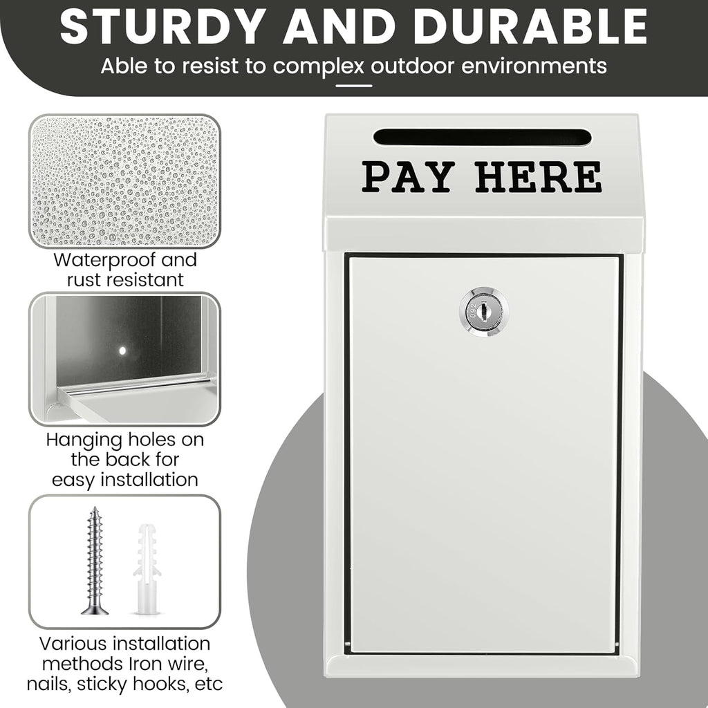 Safe Cash Box Money Collection Metal Donation Box with Lock Wall Mount Pre Drilled Mailbox Delivery Ballot for Home Office Outdoor Self Serve Stand(White,10.2 x 5.7 x 2.8 Inch)