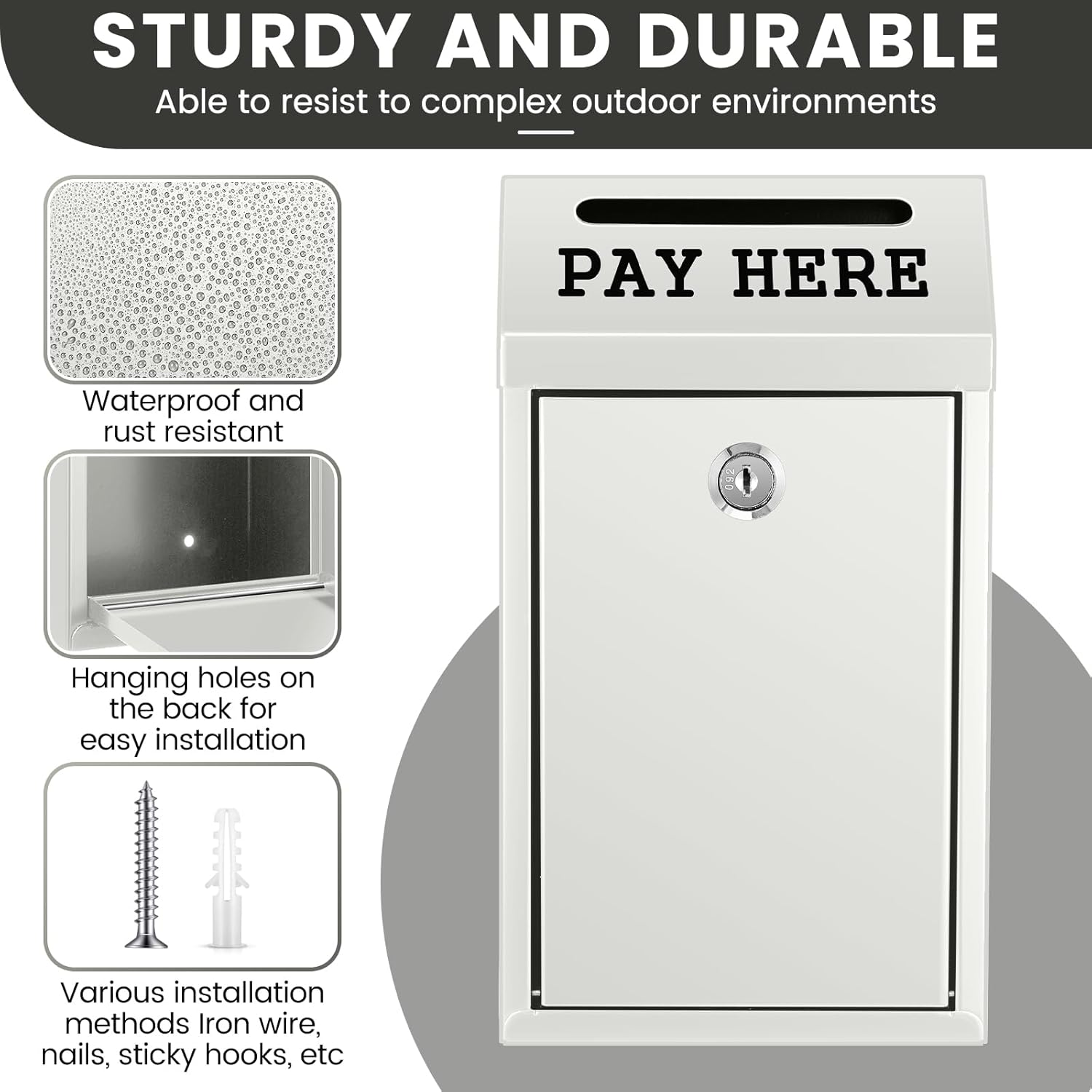 Safe Cash Box Money Collection Metal Donation Box with Lock Wall Mount Pre Drilled Mailbox Delivery Ballot for Home Office Outdoor Self Serve Stand(White,10.2 x 5.7 x 2.8 Inch)