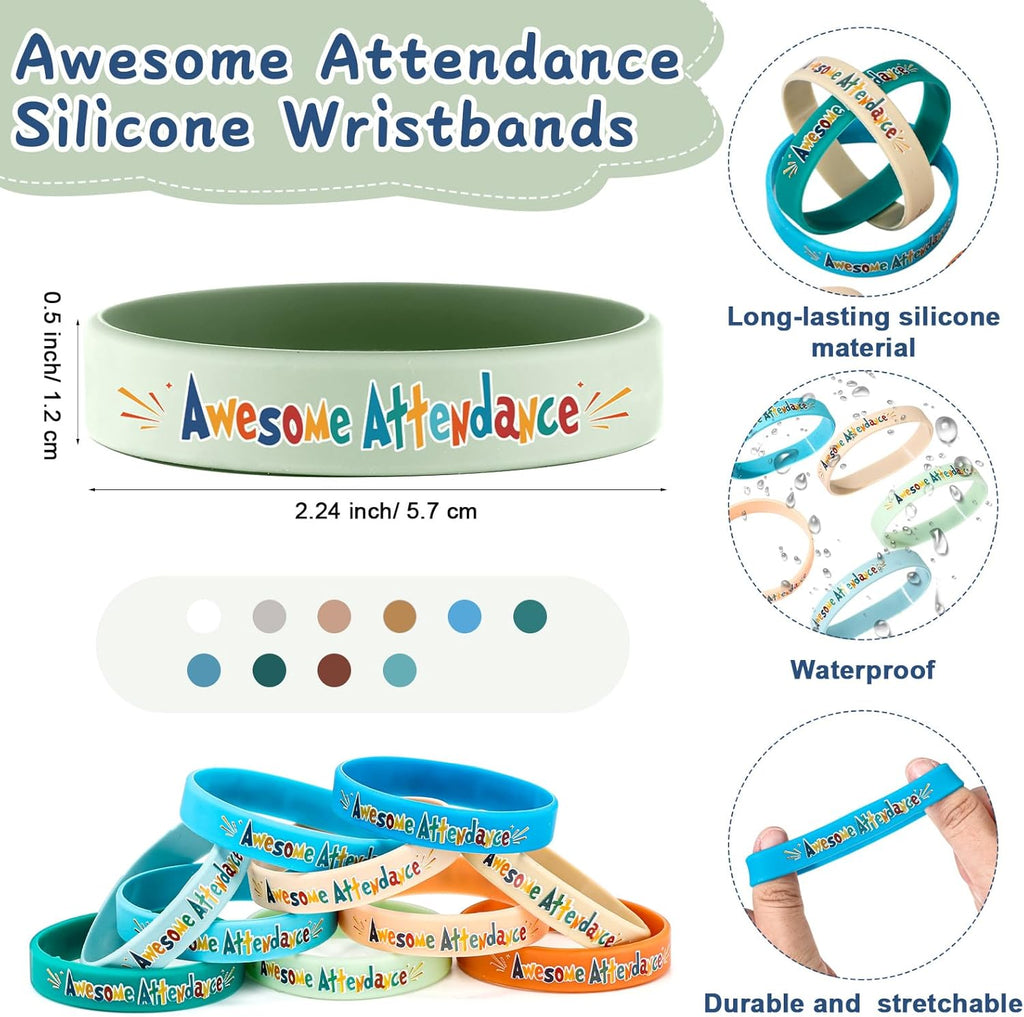 100 Pcs Awesome Attendance Wristbands for Students, Perfect Attendance Awards for Classroom Prizes, Unisex Stretch Silicone Motivational Wristbands for Student from Teacher Classroom Prizes