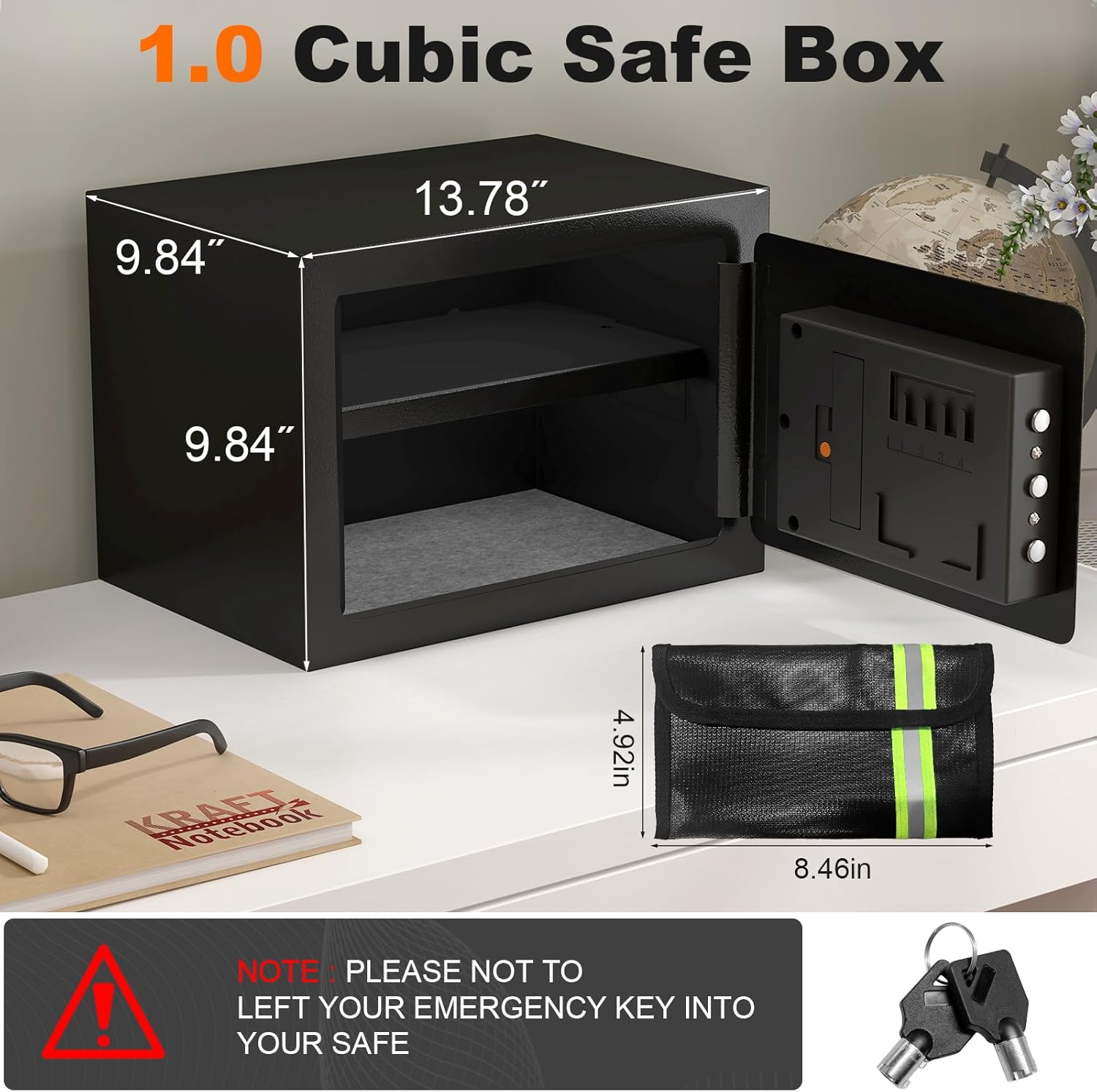 Safe with Key, 1.0 Cub Small Fireproof Safe, Safety Box with Shelf, Keypad Lock, Personal Safes for Dorm, Fire Proof Safes for Documents, Black Safety Box for Home, Wall Mountable