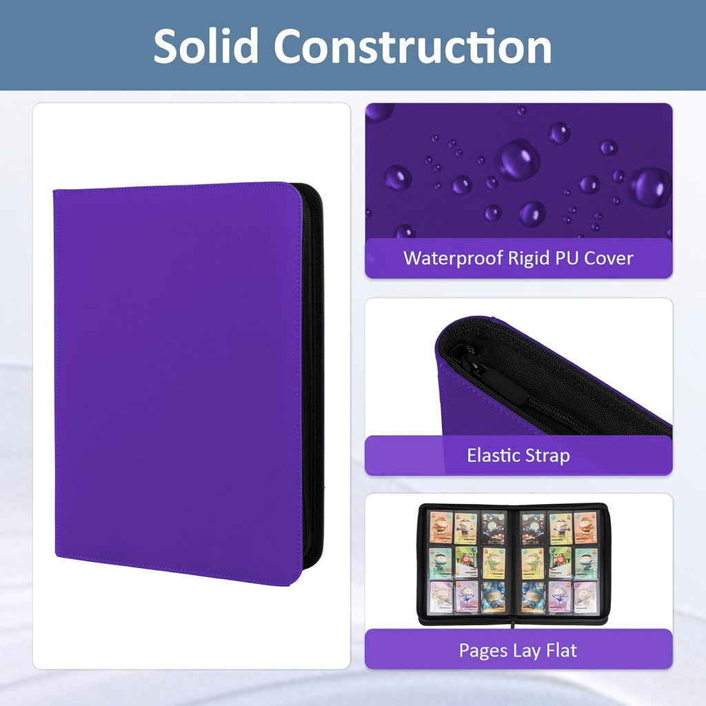 Trading Card Binder 9 Pocket with Zipper, Fvxldcz PU Cover Card Collection Binder 540 Cards Sleek Side-Loading Card Album, Sturdy Card Collection Folder for TCG, MTG, Yugioh, Sport Cards (Purple)