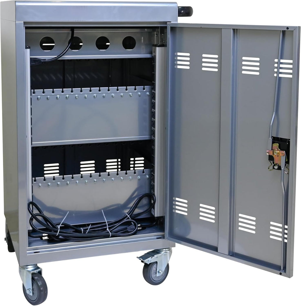 36 Device Charging Cart, Laptop and Tablet Storage Cart, Holds Up to 16.3" with Cord Management, Front and Rear Door Locks, Classroom or Office Charging Cabinet.Silver with 4 Position Power Strip