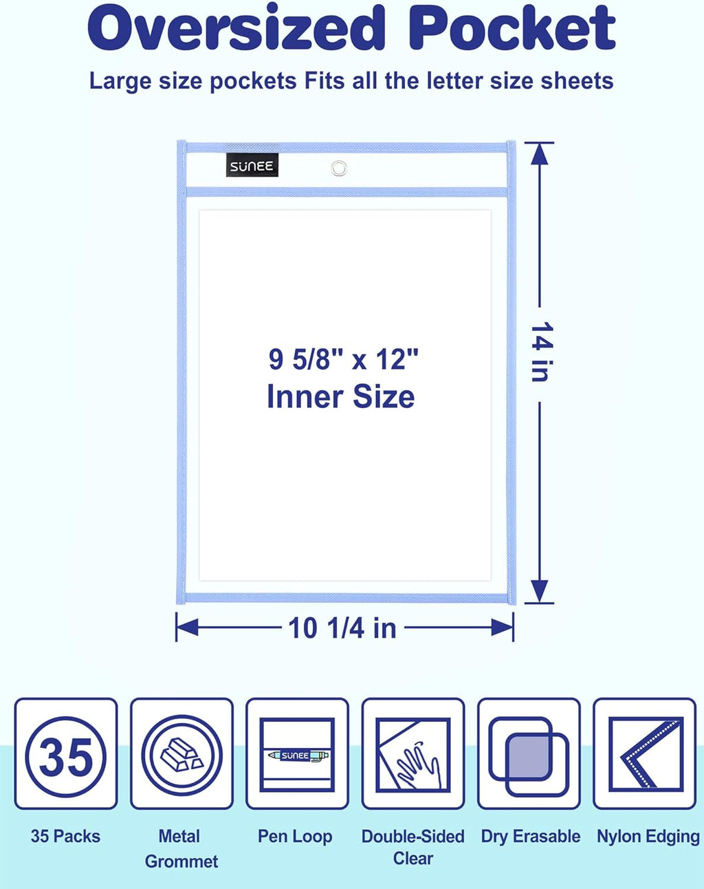 SUNEE 35 Packs Oversized Reusable Dry Erase Pocket Sleeves with 2 Rings, 10 Morandi Colors 10x14 Ticket Holders, Clear Plastic Sheet Protectors, Teacher School Classroom Supplies