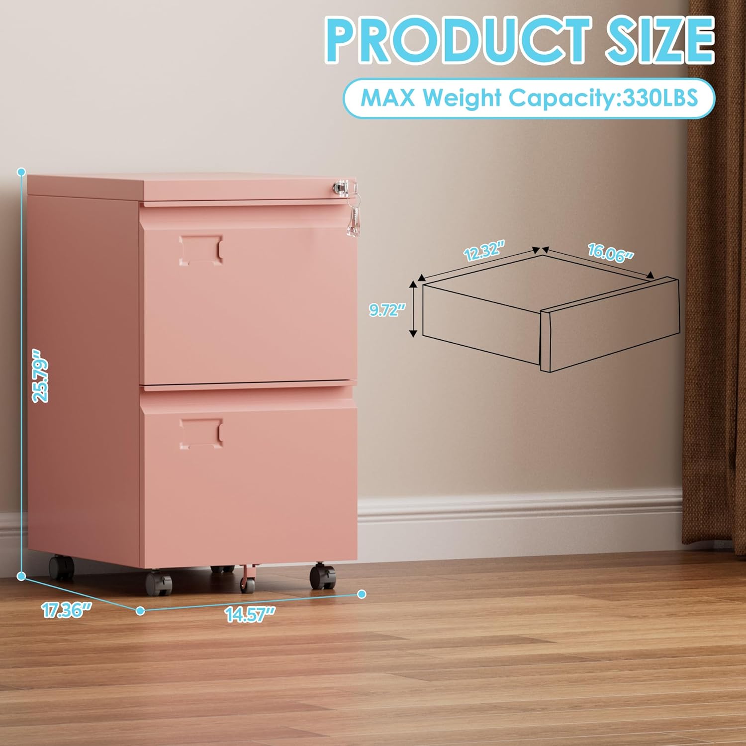 2 Drawer Mobile File Cabinet with Lock,Under Desk Metal Filing Cabinets for Home Office Fits Letters/Legal/A4 Size Folder, Assembly Required, Pink