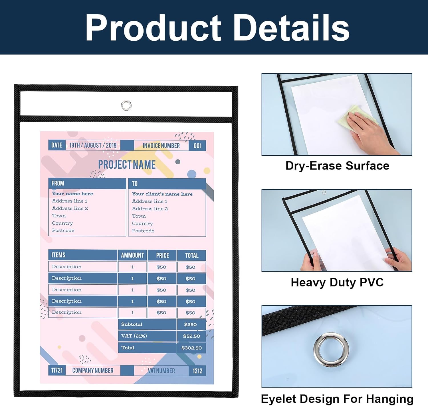10 Pack Black & Clear Job Ticket Holders 13.7x10.1 Inch – Heavy Duty PVC Plastic Sleeves for Work Orders, Shop Tickets & Home Use – Dry Erase, Waterproof and Reusable Document Protectors