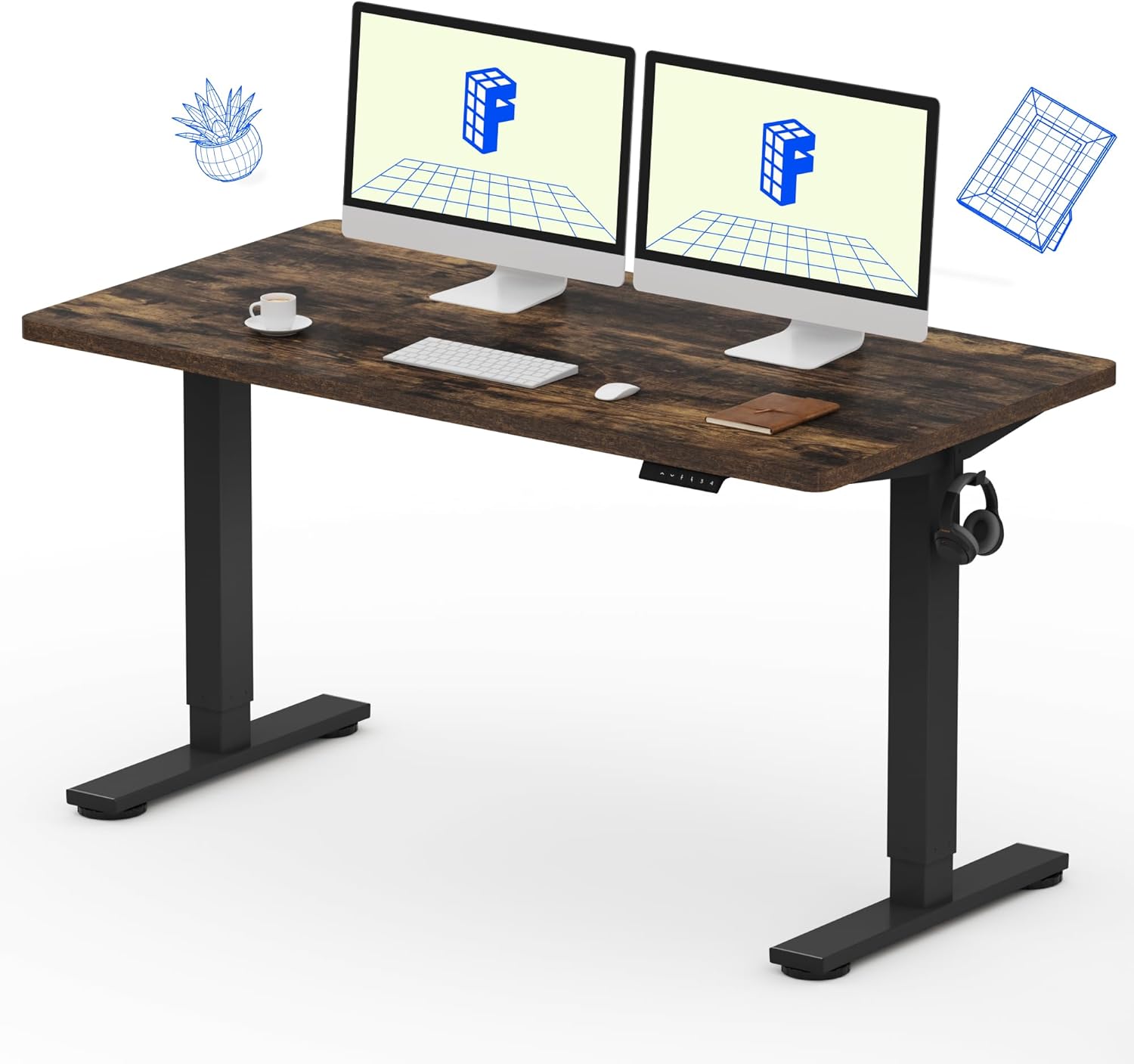 FLEXISPOT EN1 Whole-Piece Standing Desk, 55x28 Inches Electric Sit Stand Desk with Automatic Smart Keypad (Black Frame + Rustic Top, 2 Packages)
