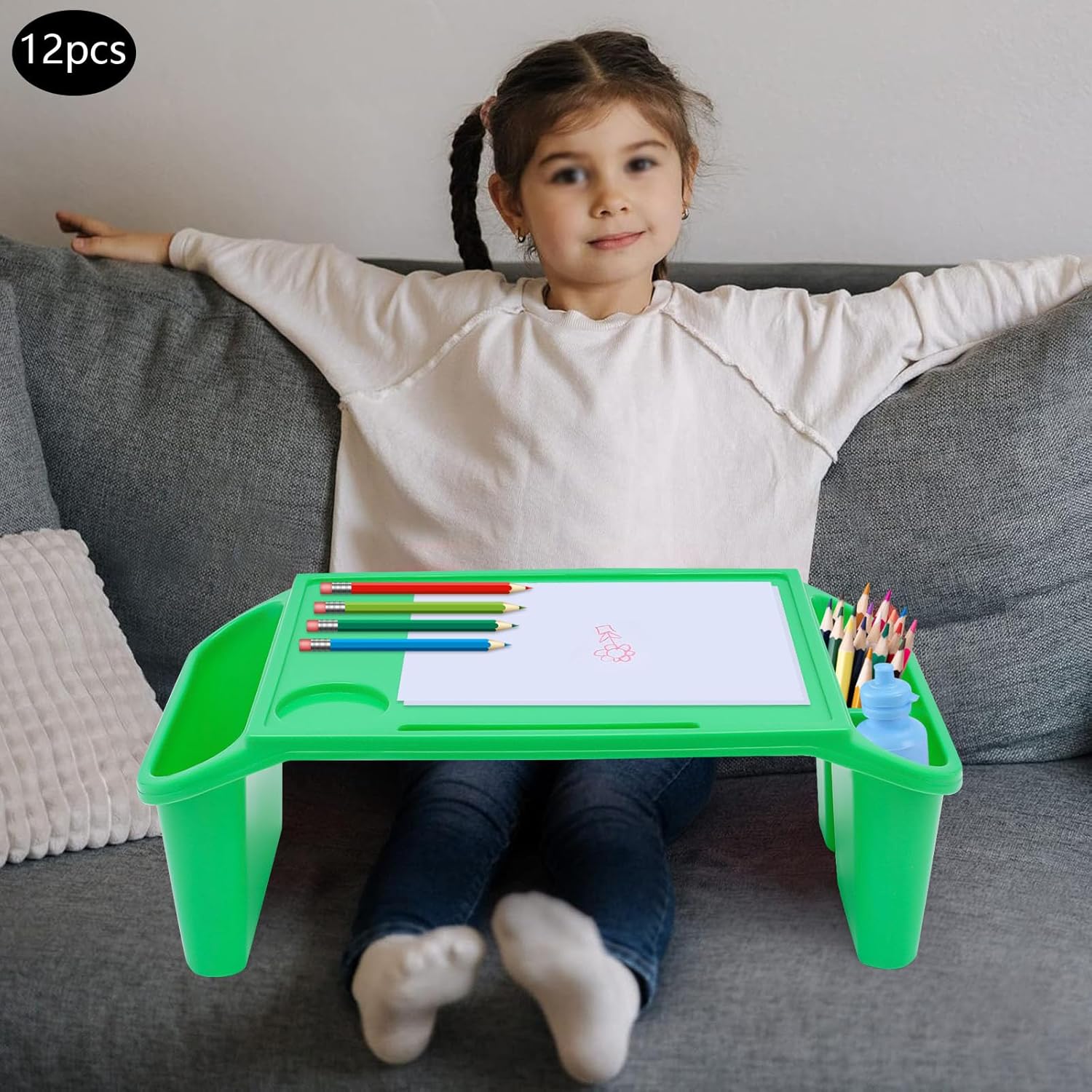 12 Pack Kids Lap Desk Tray with Storage Slots, Portable Lap Desk, Activity Tray, Drawing, Stackable, Writing, Eating, Classroom, 19.69" L x 9.84" W x 7.1" H (Green)
