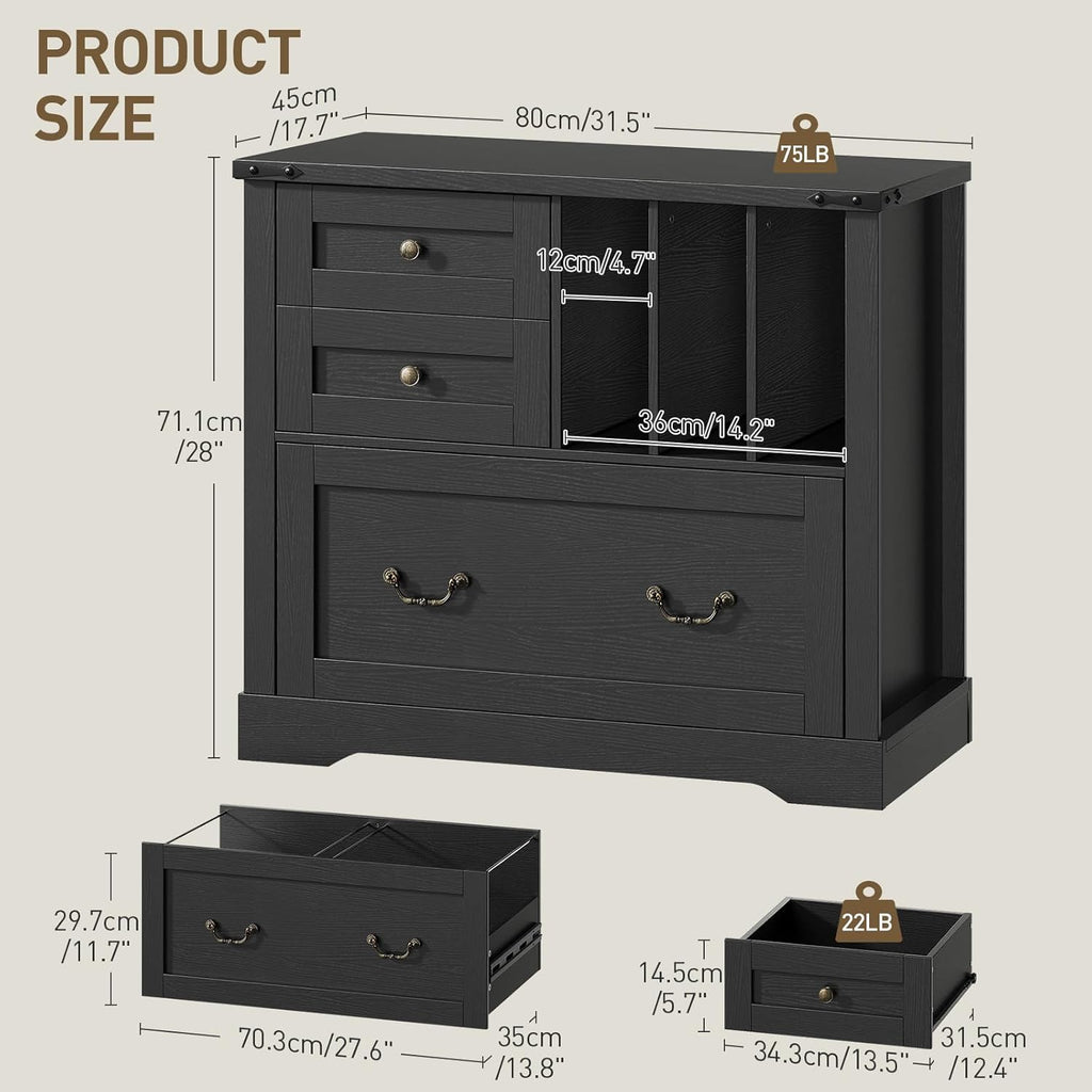 Farmhouse File Cabinet, Lateral Filing Cabinet with 3 Drawers and Folder Organizer, Office Storage Cabinet for A4 Letter Size Files, Printer Stand with Storage for Home Office, Black