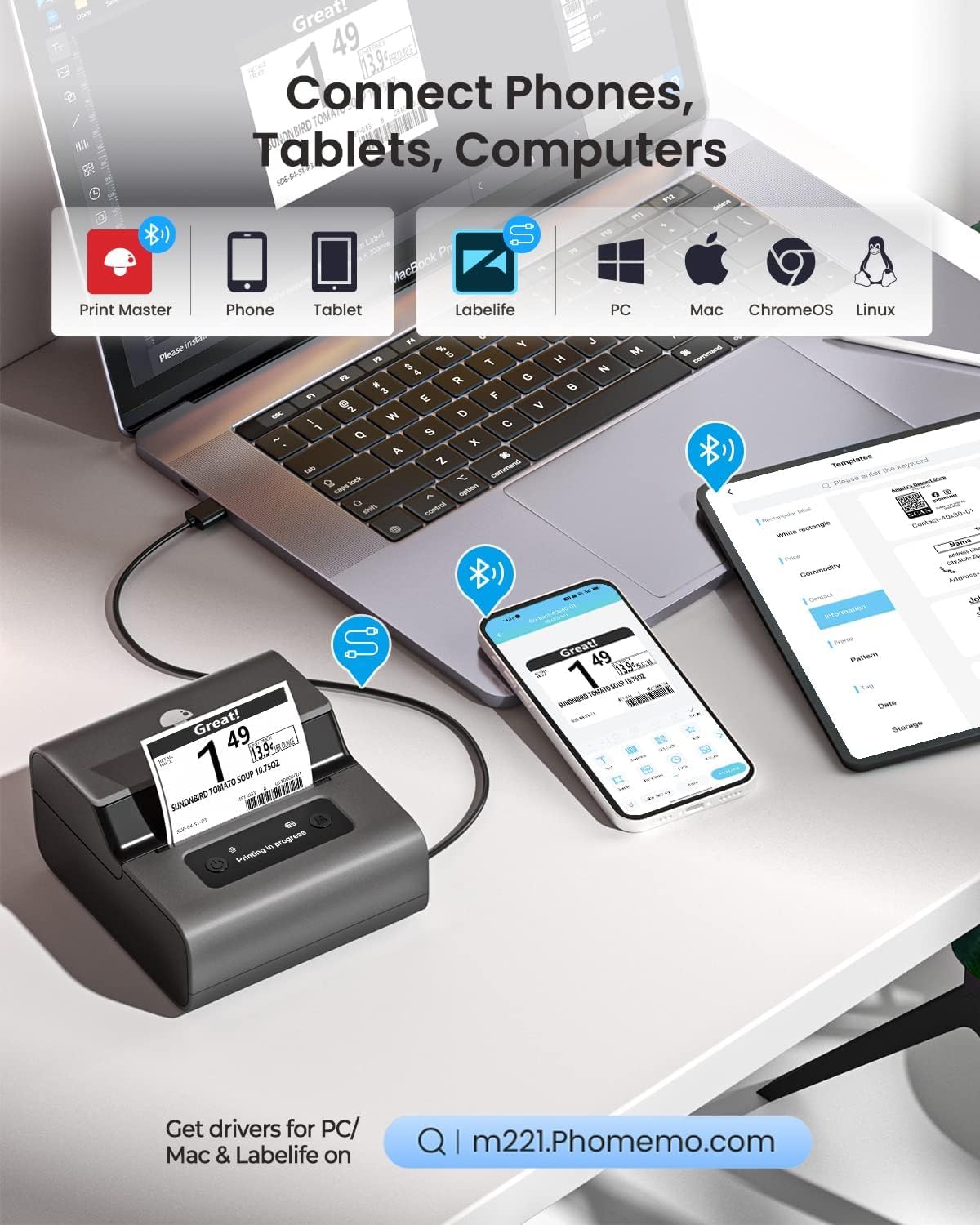 Phomemo M221 Label Maker Machine with 3 Tapes, 3 Inch Bluetooth Thermal No Ink Label Printer for Address, Barcode, Small Business, Home for Phone/PC, Space Gray, with 430 Pieces Labels