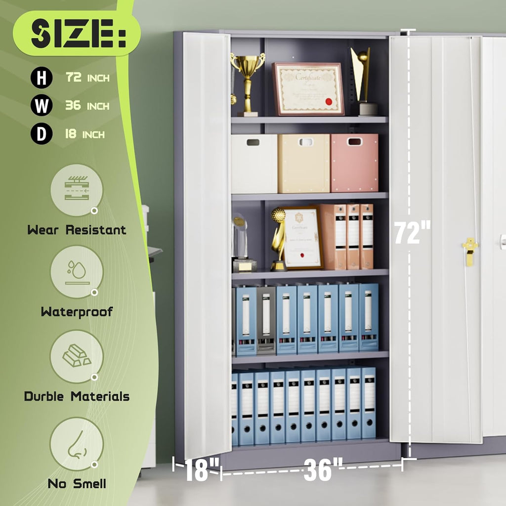 SUNCROWN 72" Metal Storage Cabinet - Heavy-Duty Metal Garage Cabinet with 4 Adjustable Shelves & 2 Doors for Tools, Office, Home, Workshop,Grey & White