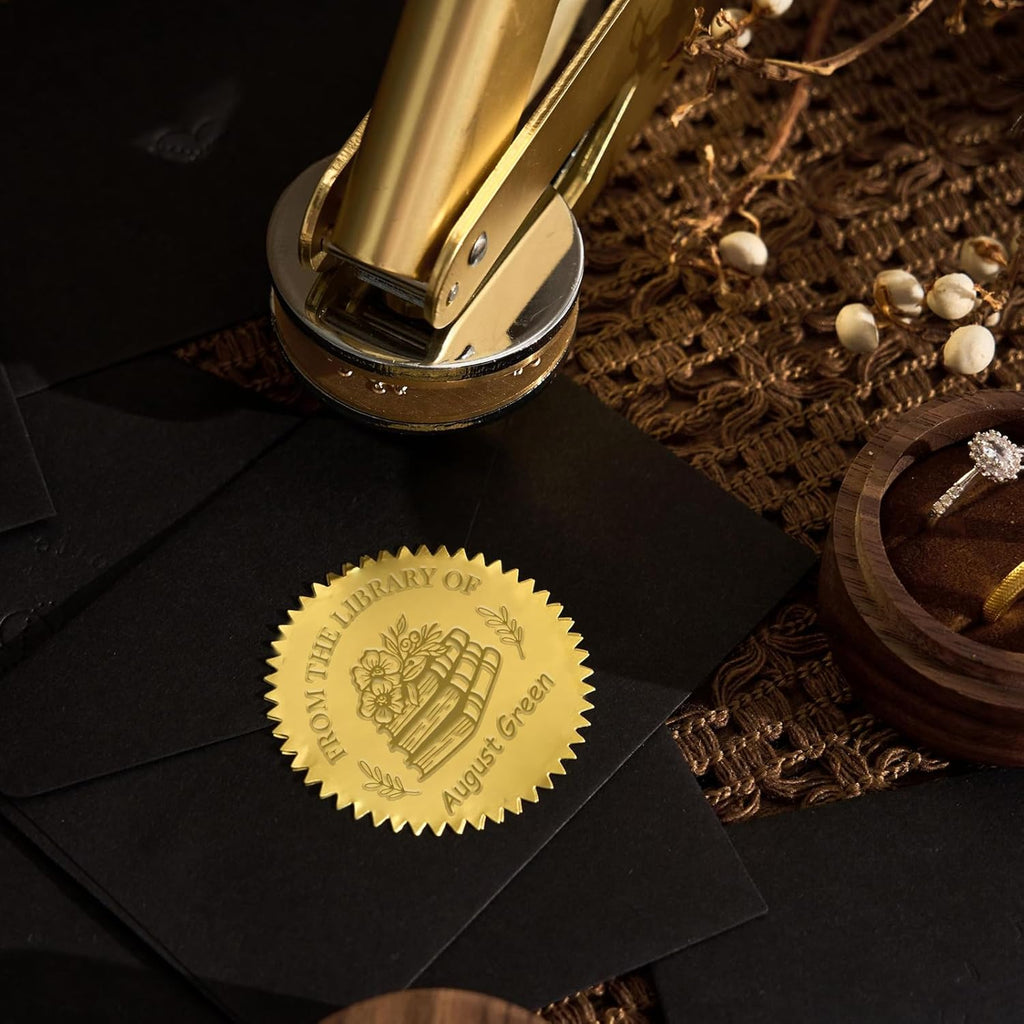 Personalized Book Embosser Stamp with Name & Design, Custom Hand Carved Library Embosser Set, Elegant Invitation Seal of Self-Inking from Library Stamp Kit (Flowers & Tree)