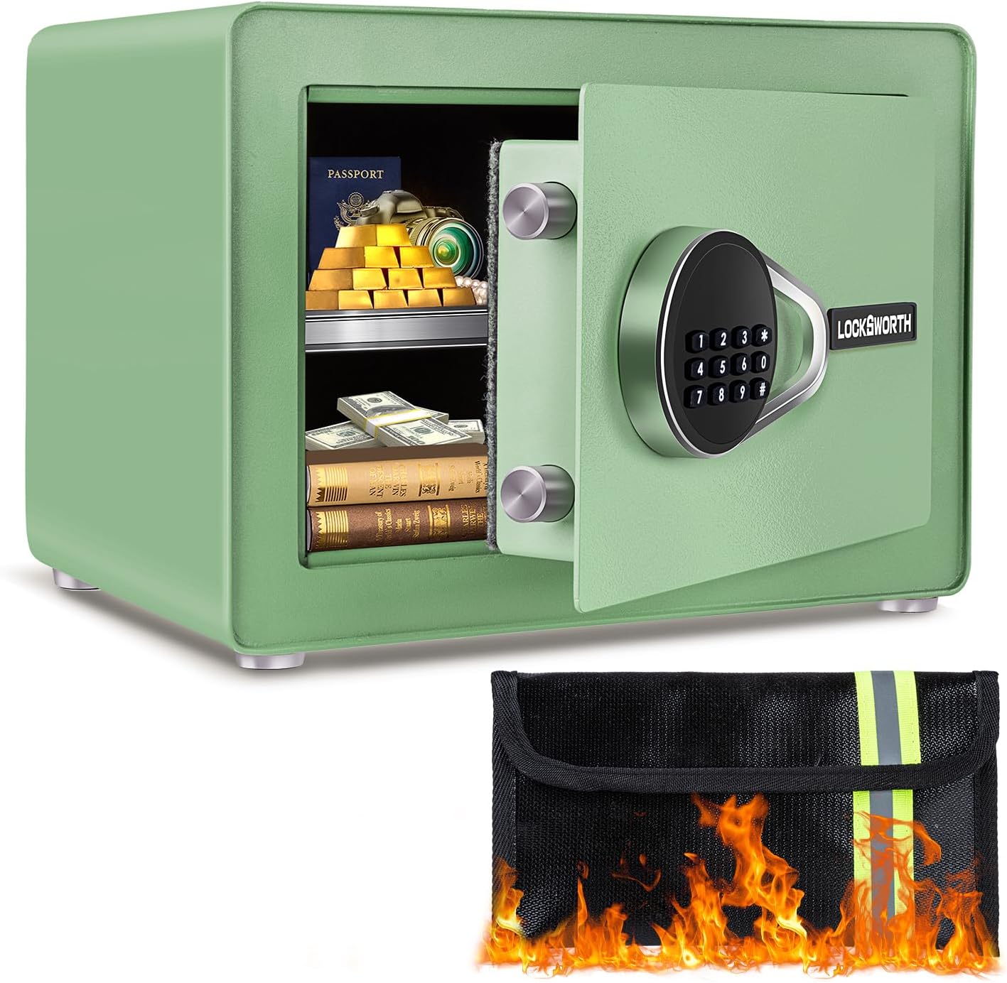 Safe for Home, Small Safe with Fireproof Bag, Removable Shelf, 1.0 Cubic Feet Digital Electronic Security Money Box for Cash, Document, Home, Office, Hotel Use, Green，9.84"D x 13.78"W x 9.84"H