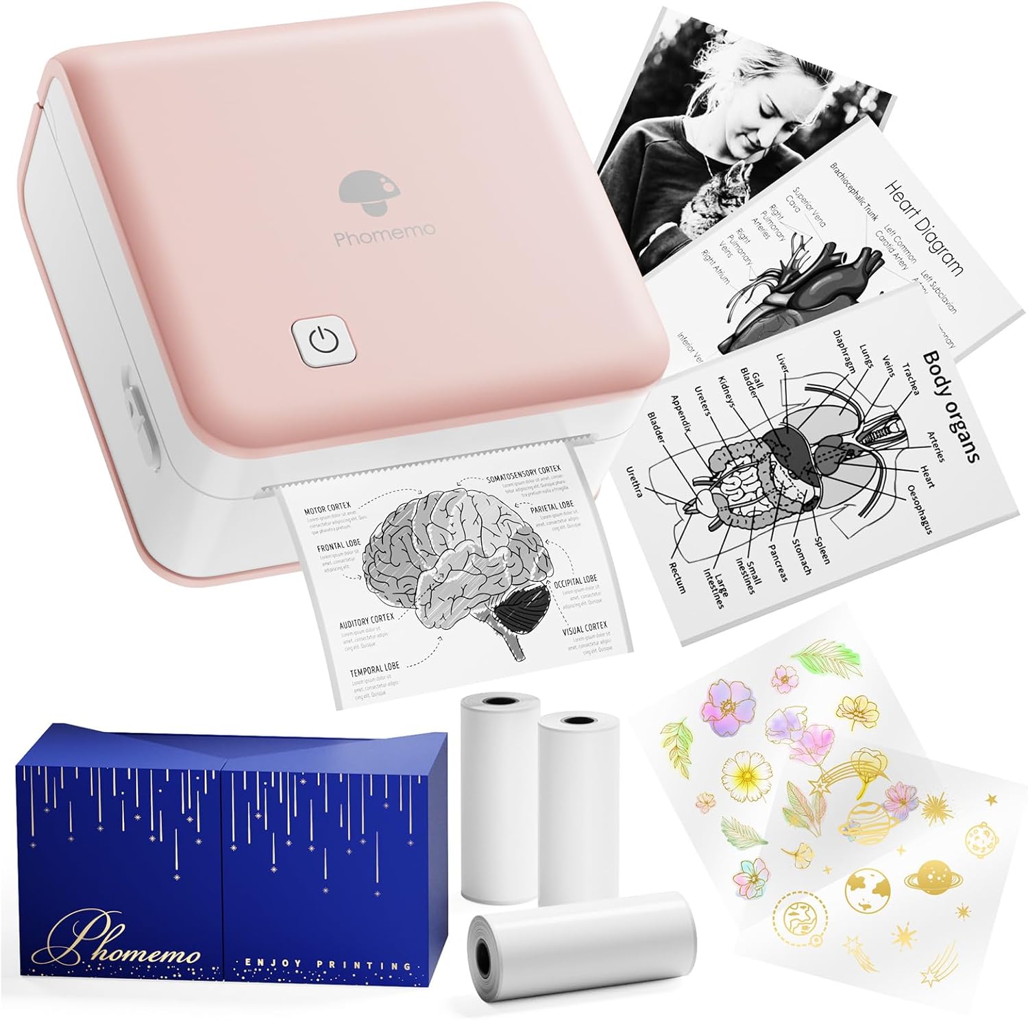Phomemo Mini Printer Sticker Maker - Mini Sticker Printer P2S, Print Pod Pocket Machine Bluetooth Thermal Label Maker for Study Notes, Photos, List, Memo, Gift, Receipt, 3 Rolls Paper, Pink
