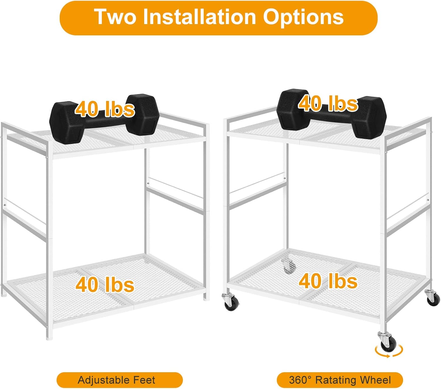 Computer Tower Stand, PC Tower Stand Metal Rolling Cart Holds up to 40lbs, 2 Tier Mobile Printer Stand with Storage Under Desk for Home & Office, White