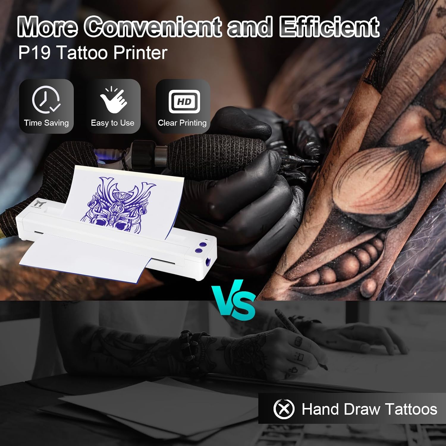 Tattoo Stencil Printer, P19 Wireless Thermal Temporary Tattoo Printer with 10pcs Transfer Paper, 2500mAh Portable Tattoo Machine Kit Compatible with Phone/Tablet/PC, White