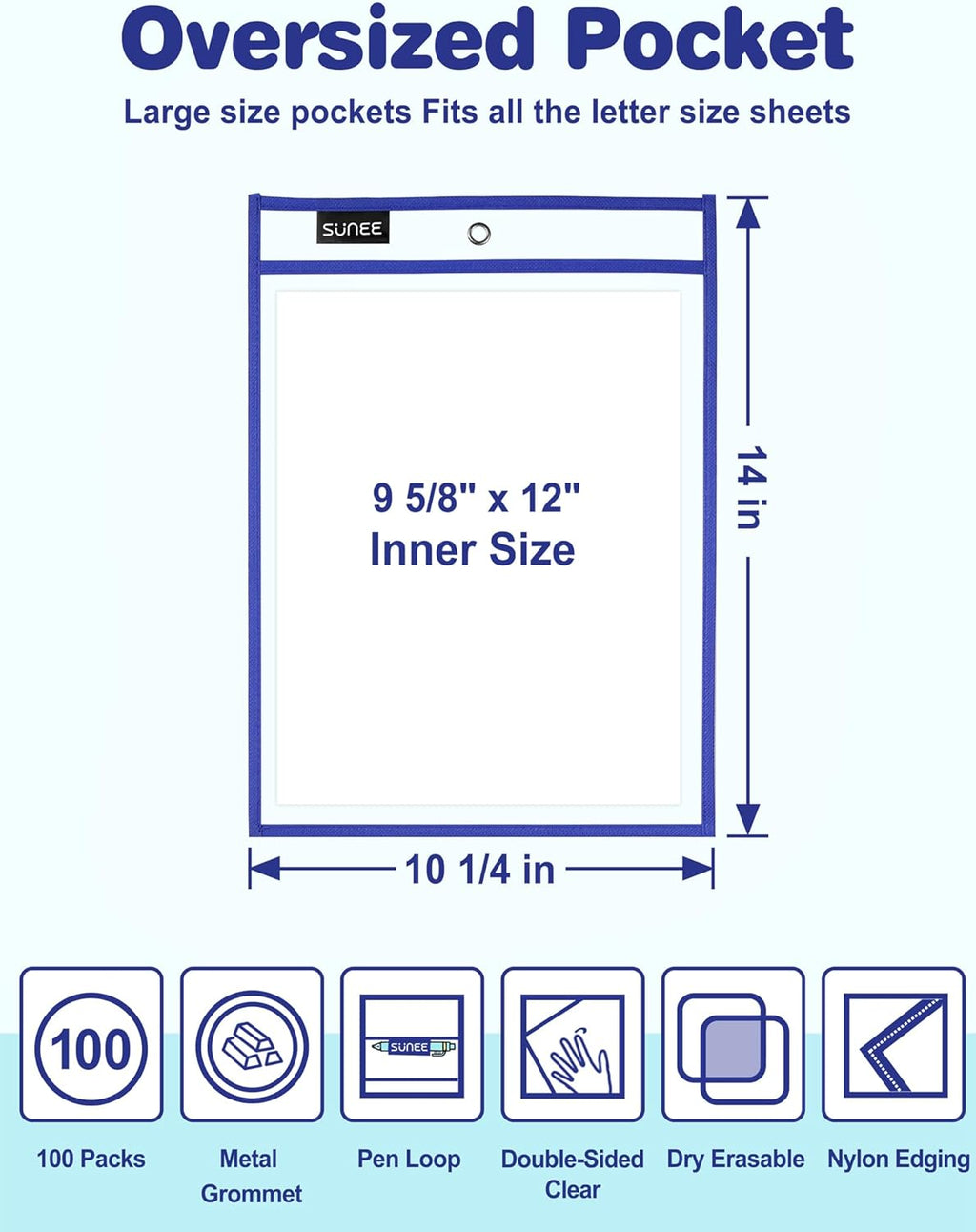 SUNEE 100 Packs Oversized Reusable Dry Erase Pocket Sleeves with 5 Rings, 10 Assorted Colors 10x14 Ticket Holders, Clear Plastic Sheet Protectors, Teacher School Classroom Supplies