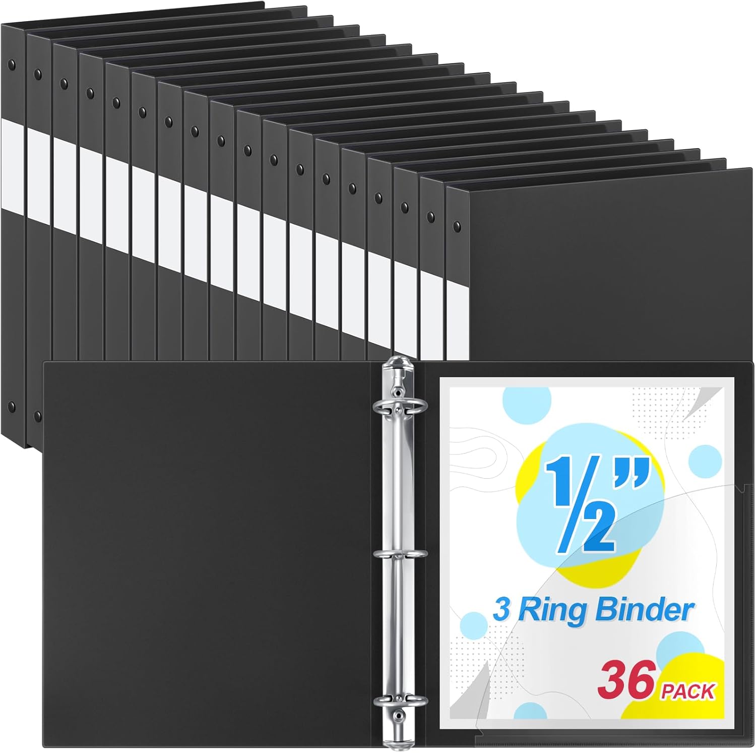 Henoyso 36 Pcs 3 Ring Binder 1/2'' Round Fits Letter Size 8. 5'' x 11'' Paper Plastic Flexible Binder Holds 100 Sheets with 1 Pockets Versatile Organizer for Office Home School (Black)