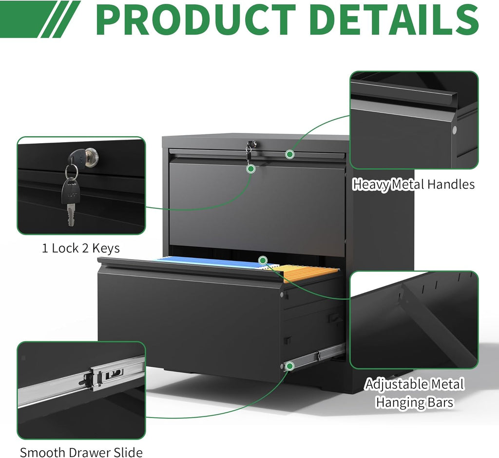 2 Drawer Lateral File Cabinet with Lock, File Cabinets for Home Office Legal/Letter A4 Size, File Cabinet Storage Cabinet,Require Assembly, Black