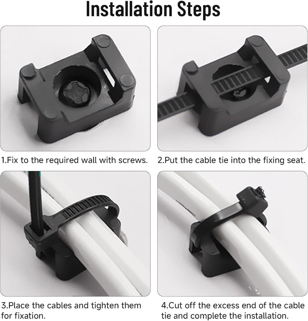 100Pcs Cable Zip Tie Mounts Kit, 0.9in Plastic Zip Ties with Screw Hole, Black Zip Tie Anchors, Sturdy Zip Tie Mounting Squares Base with Tapping Screw for Wire Organizer (Black, 0.9 inch)